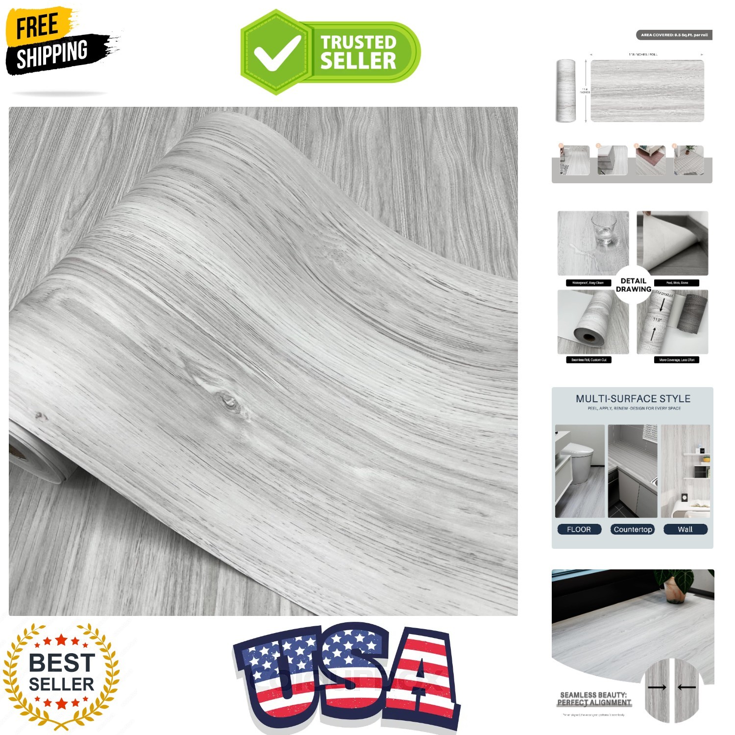 Wood Grain Peel and Stick Floor Tiles – 11.8” Width, Full Roll Length of 118″…