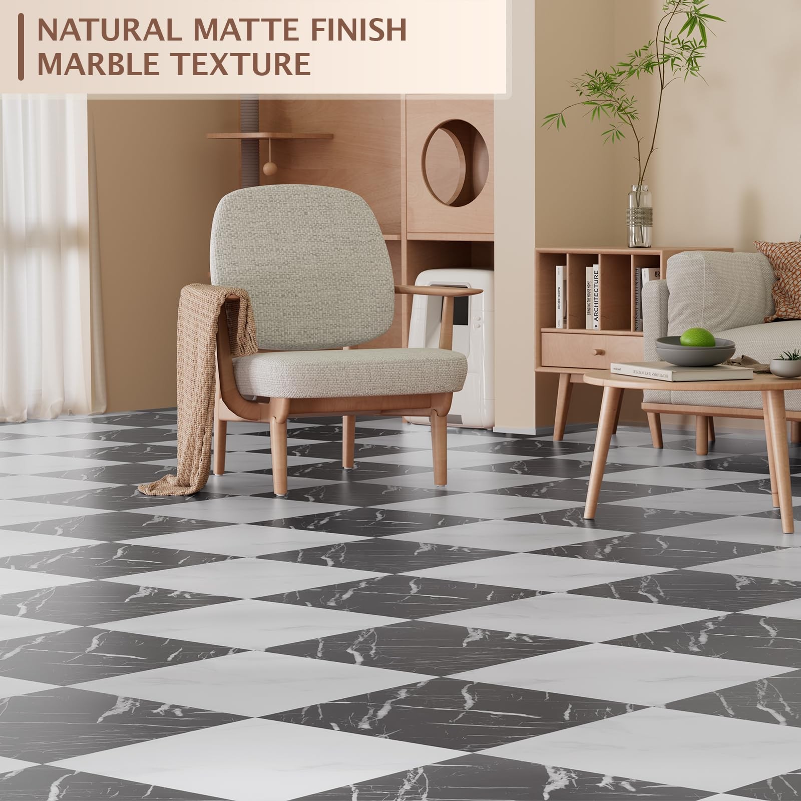 Peel and Stick Floor Tile, 30 PCS 12″ x 12″ Checkered Waterproof Marble Textu…