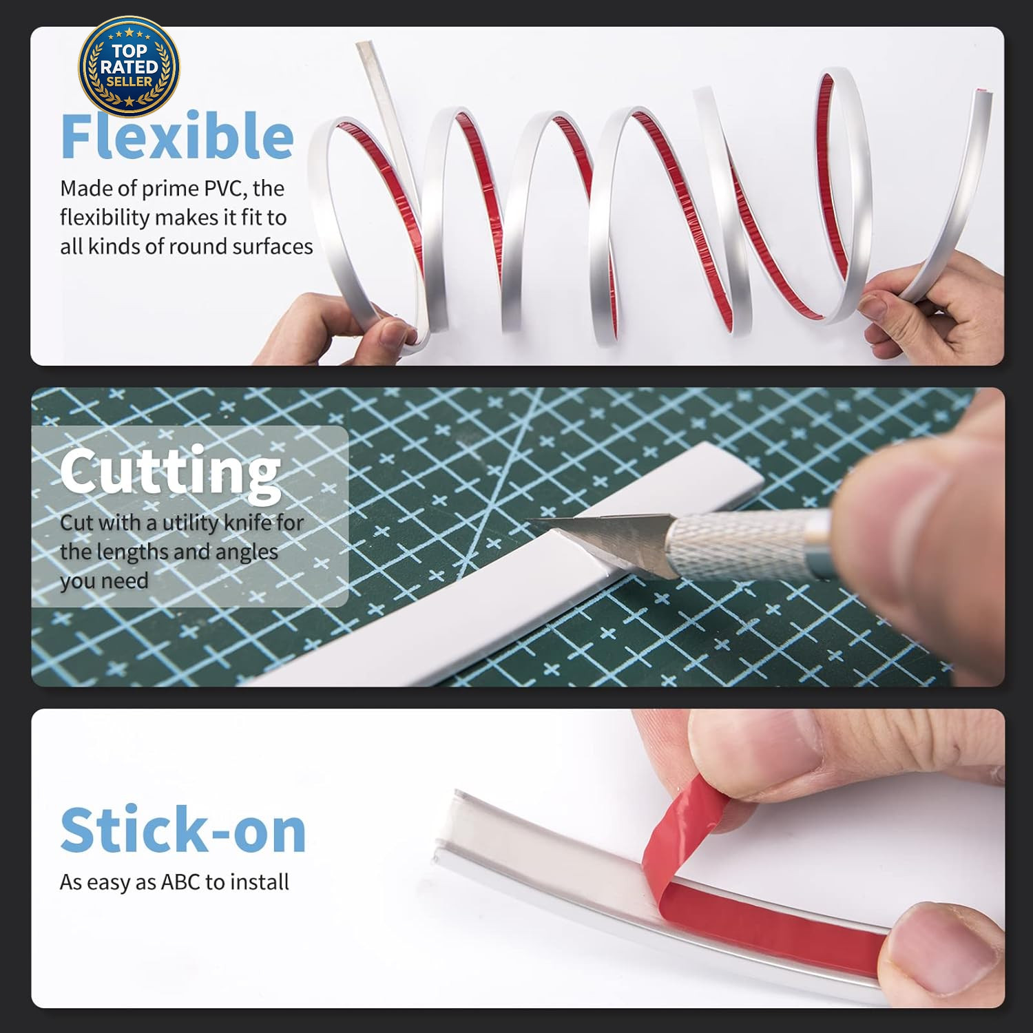 10 Ft Peel and Stick Flexible Vinyl Molding Trim for Wall Tile Edges, Kitchen Ba