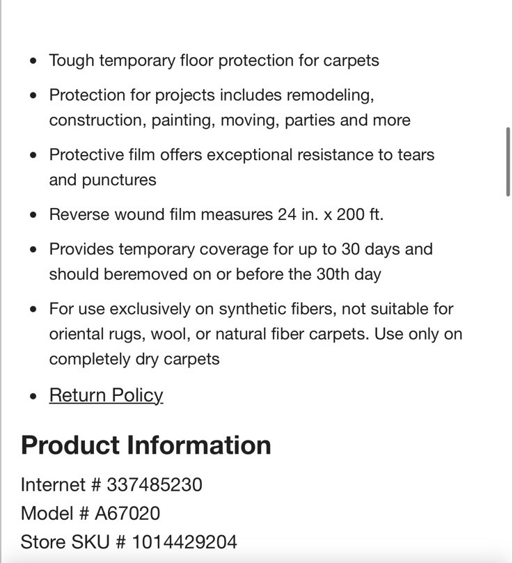 Carpet Self-Stick Plastic Carpet Protection 24in”x200ft’ Quicprep Made In USA