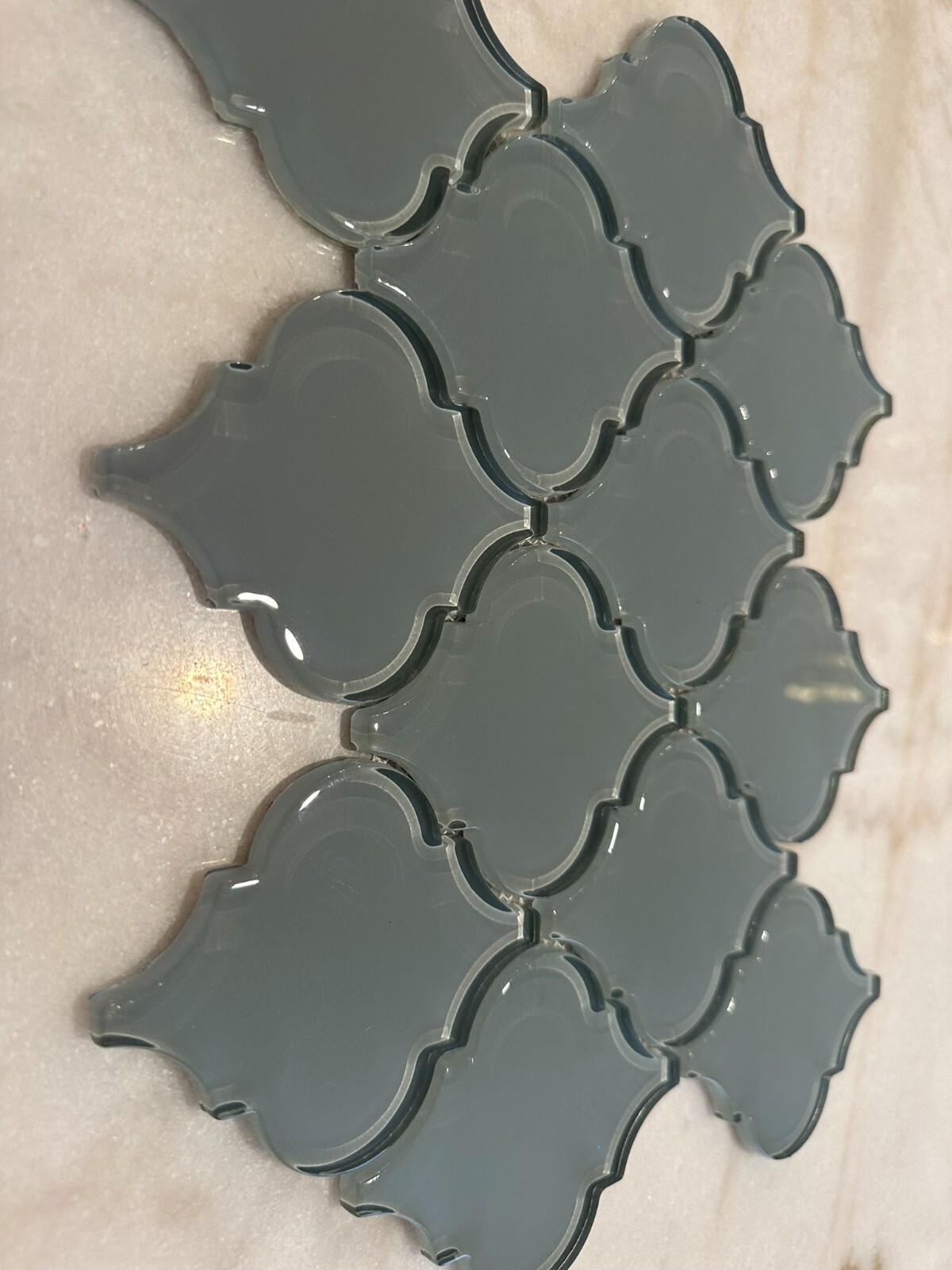 Gray Arabesque Glossy Glass Mosaic 9″x13″ Offset
