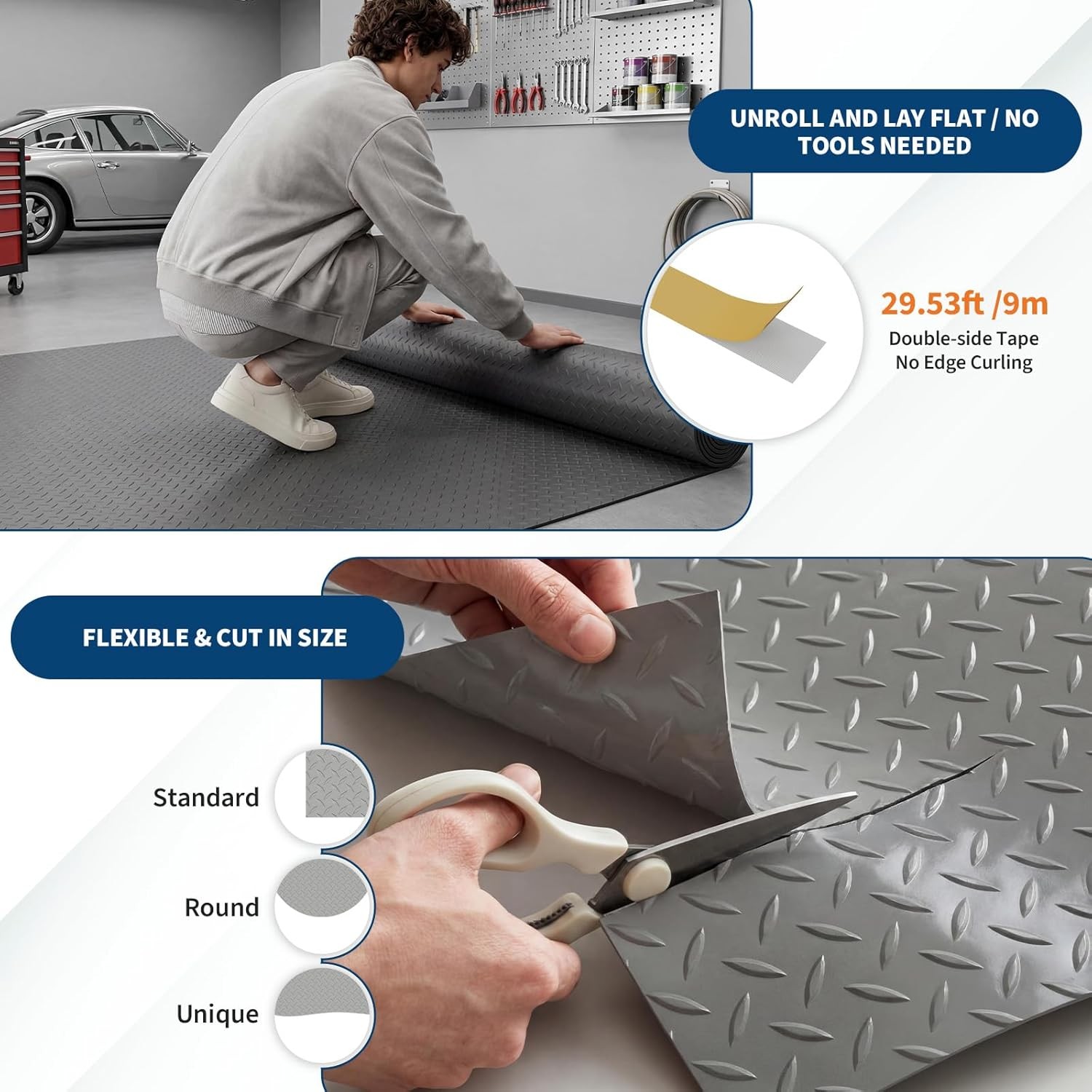 4×8/5×10/7.5×17/7.5×20 FT Garage Floor Mat 2mm Thick PVC Non-Slip Flooring Roll