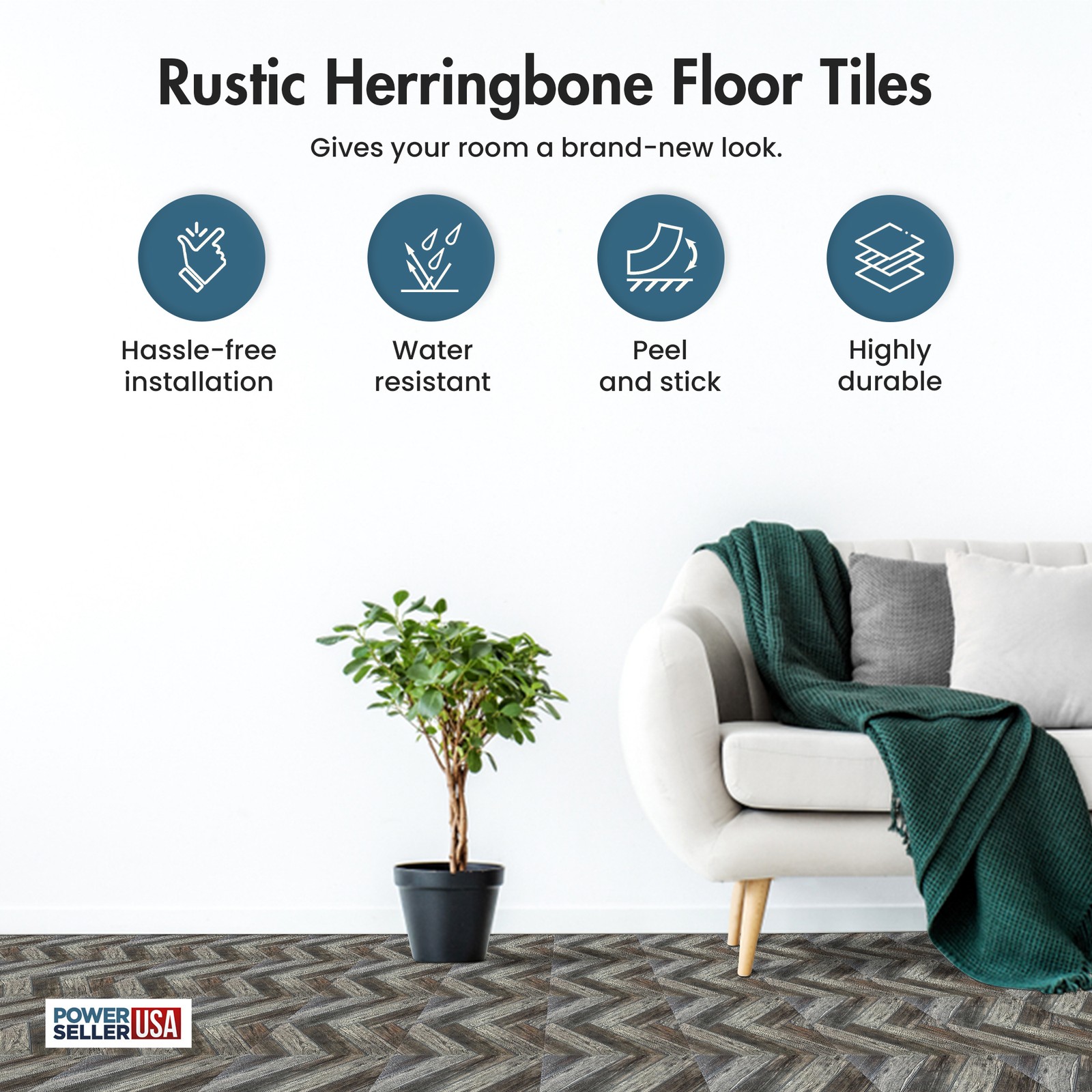 PowerSellerUSA Vinyl Self Adhesive Floor Tiles 20 PCS 12″ x 12″, Herringbone