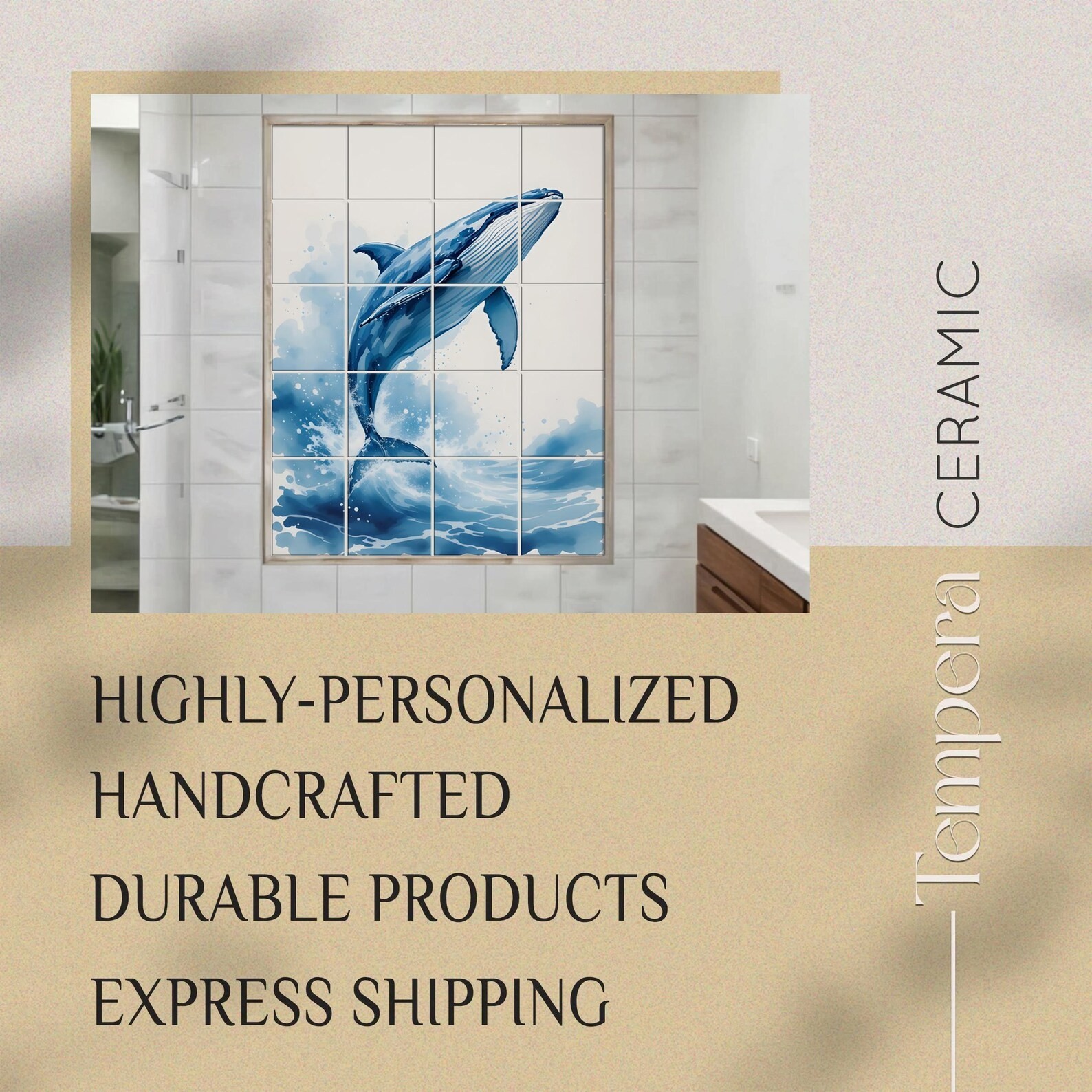 Whale tiles mural for bathroom decor, nautical shower niche tiles, bathroom tile