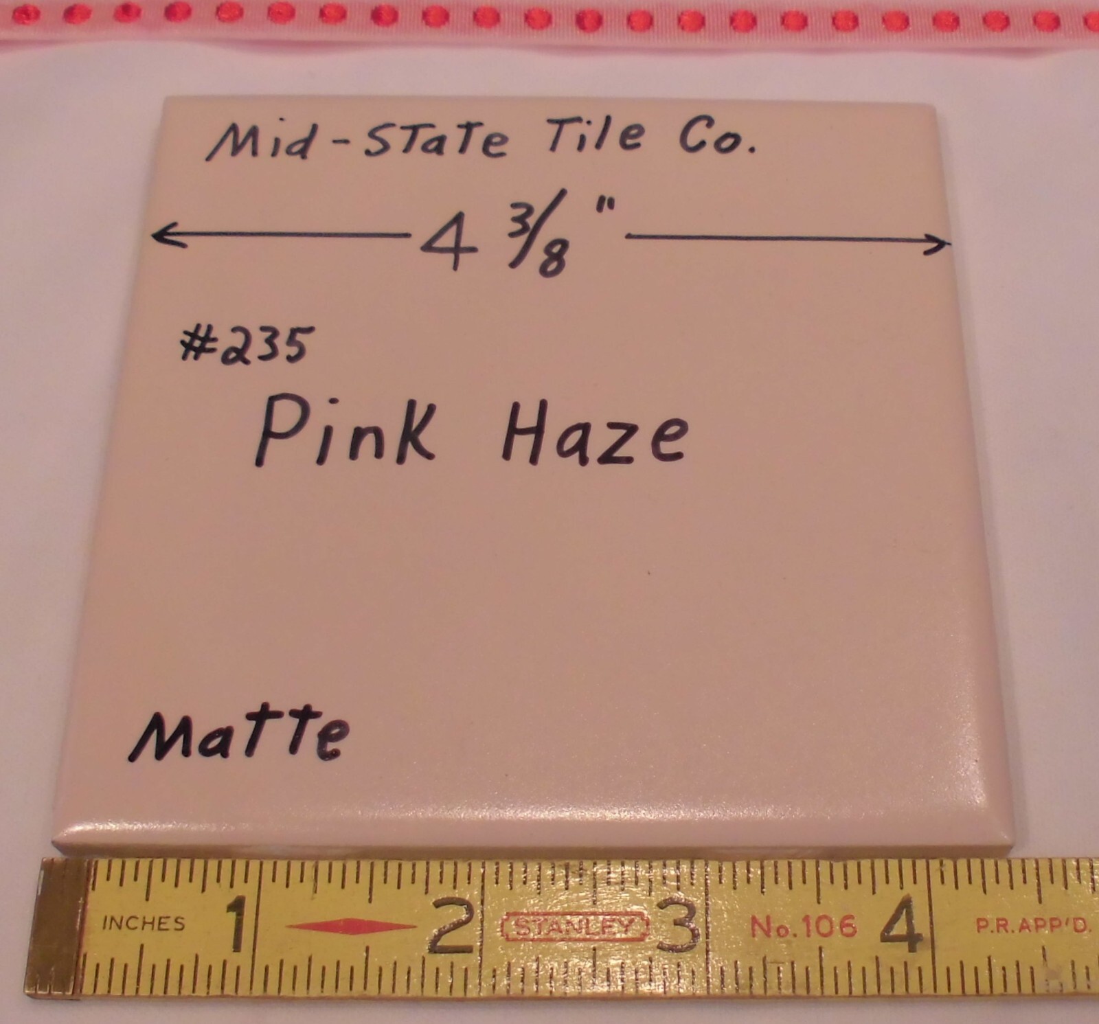 1 pc. Matte Pink Haze #235: Ceramic Tile 4-3/8″ by Mid-State Co. New Old Stock