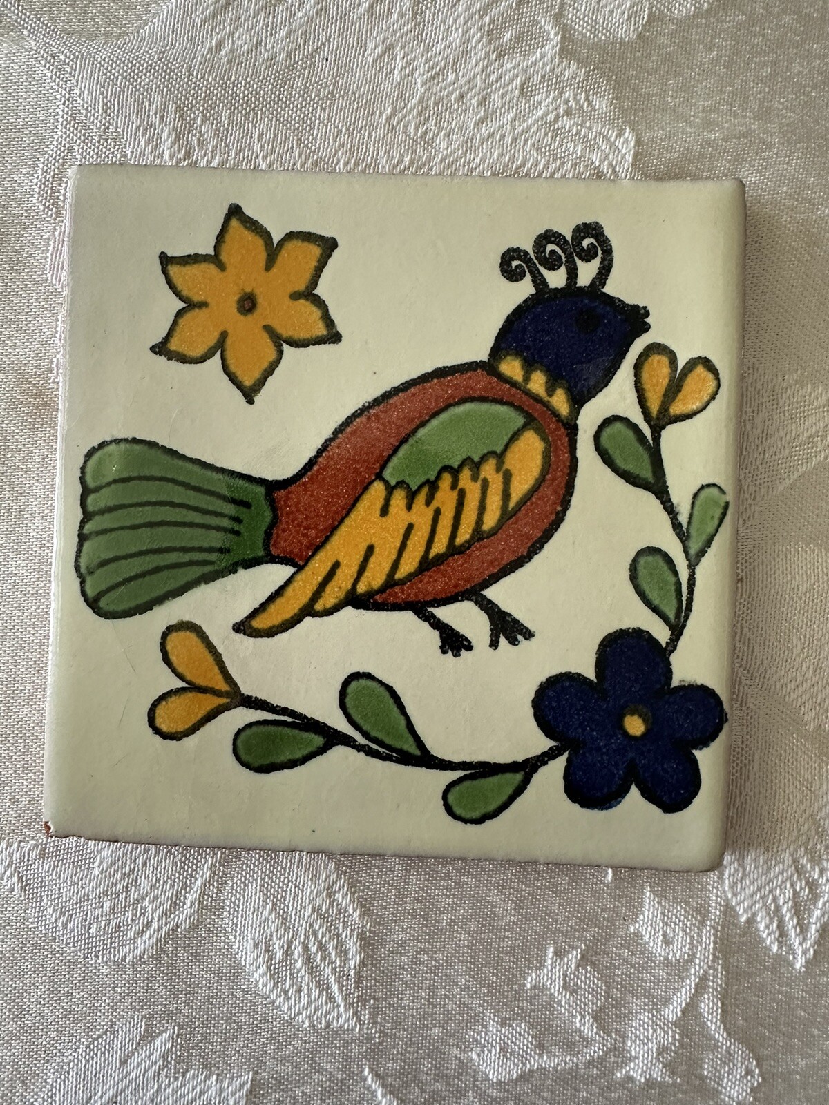 Mexican Red Clay Tile Folk Art Bird Handmade Talavera Backsplash Hand painted 4″