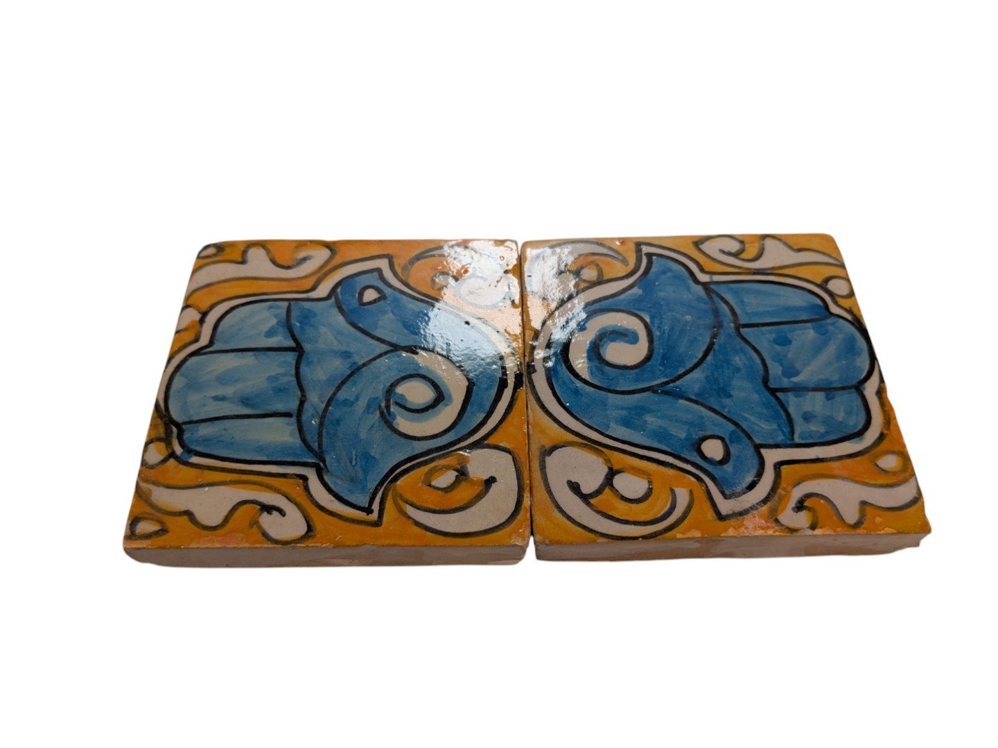 2x Moroccan Zellige Mosaic Tiles Pair Hamsa Design H 10cm/4 Inch