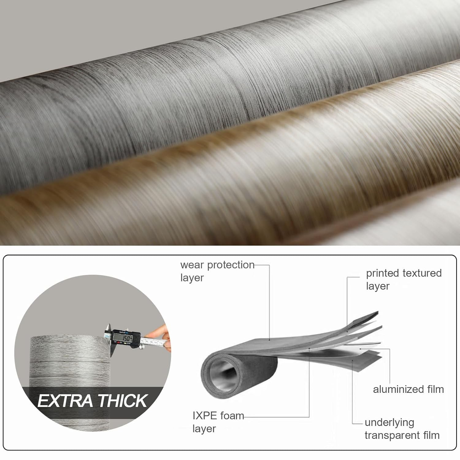Peel & Stick Vinyl Flooring Roll 23x393in 64 SqFt Grey Wood Waterproof Self