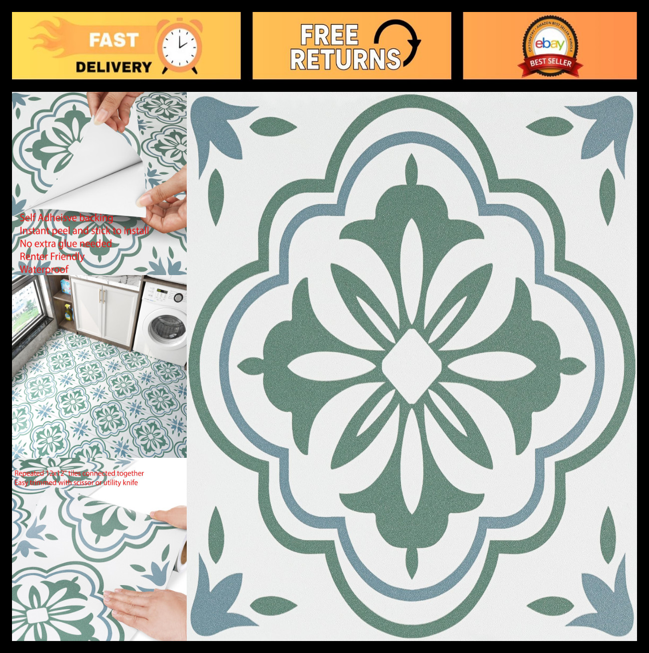 Waterproof Peel and Stick Floor Tiles – Sage Green & Blue Boho Floral Design, PV