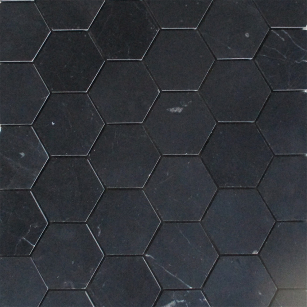 N32XH Nero Marquina Black Marble 2 inch Hexagon Mosaic Flooring Tile Honed