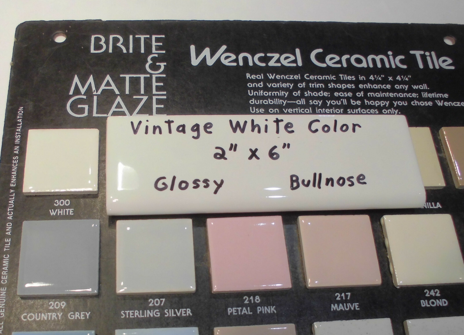 1 pc. *Vintage White* Glossy 2″ X 6″ Ceramic Surface/Flat Bullnose Tiles; NEW