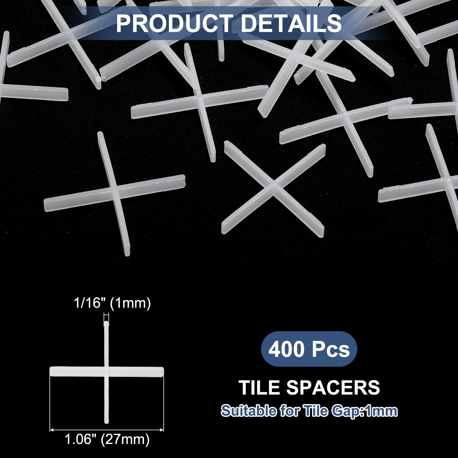400Pcs Tile Spacers, 1mm 1/16″ Thick Cross Shape Wall Floor Tile Spacer, White