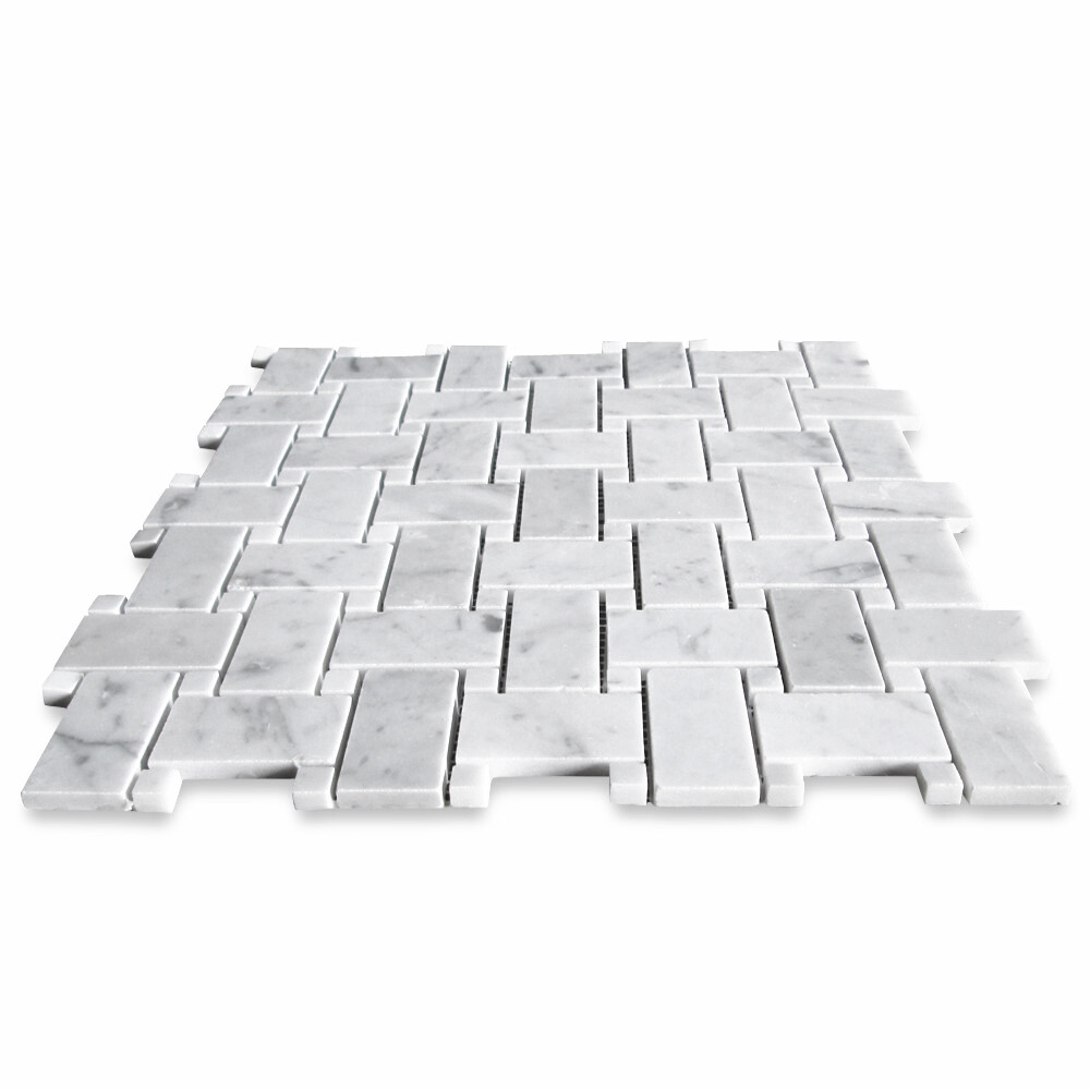 C650XH Carrara Venato Marble Basketweave Mosaic Tile White Dots Honed 1×2