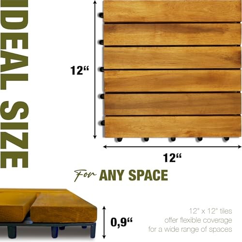 Premium Acacia Wood Interlocking Deck Tiles, 9 PCS Golden Teak – Striped
