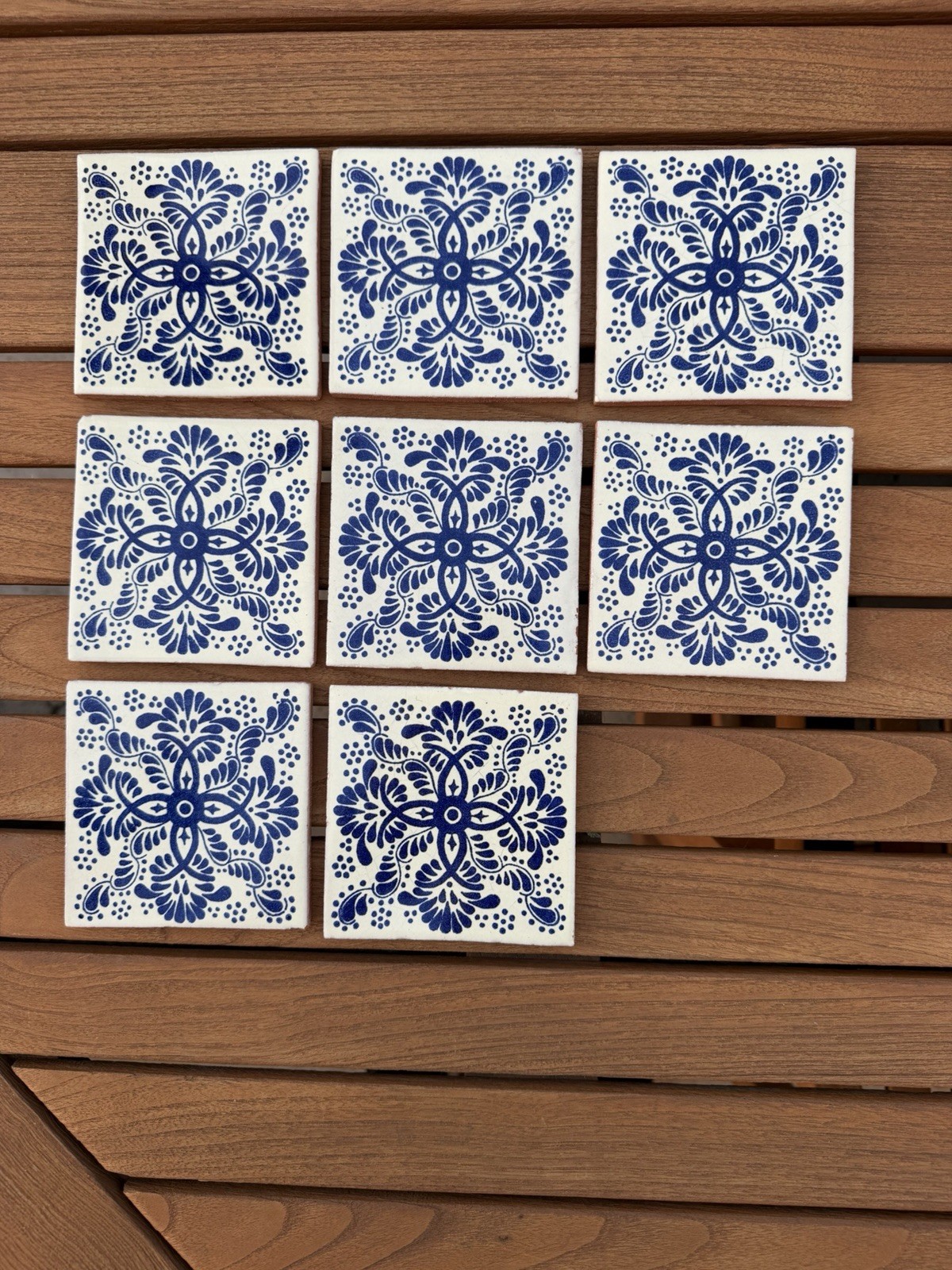 MEXICAN TALAVERA TILES 4×4 TERRACOTTA & WHITE BLUE FOLK ART