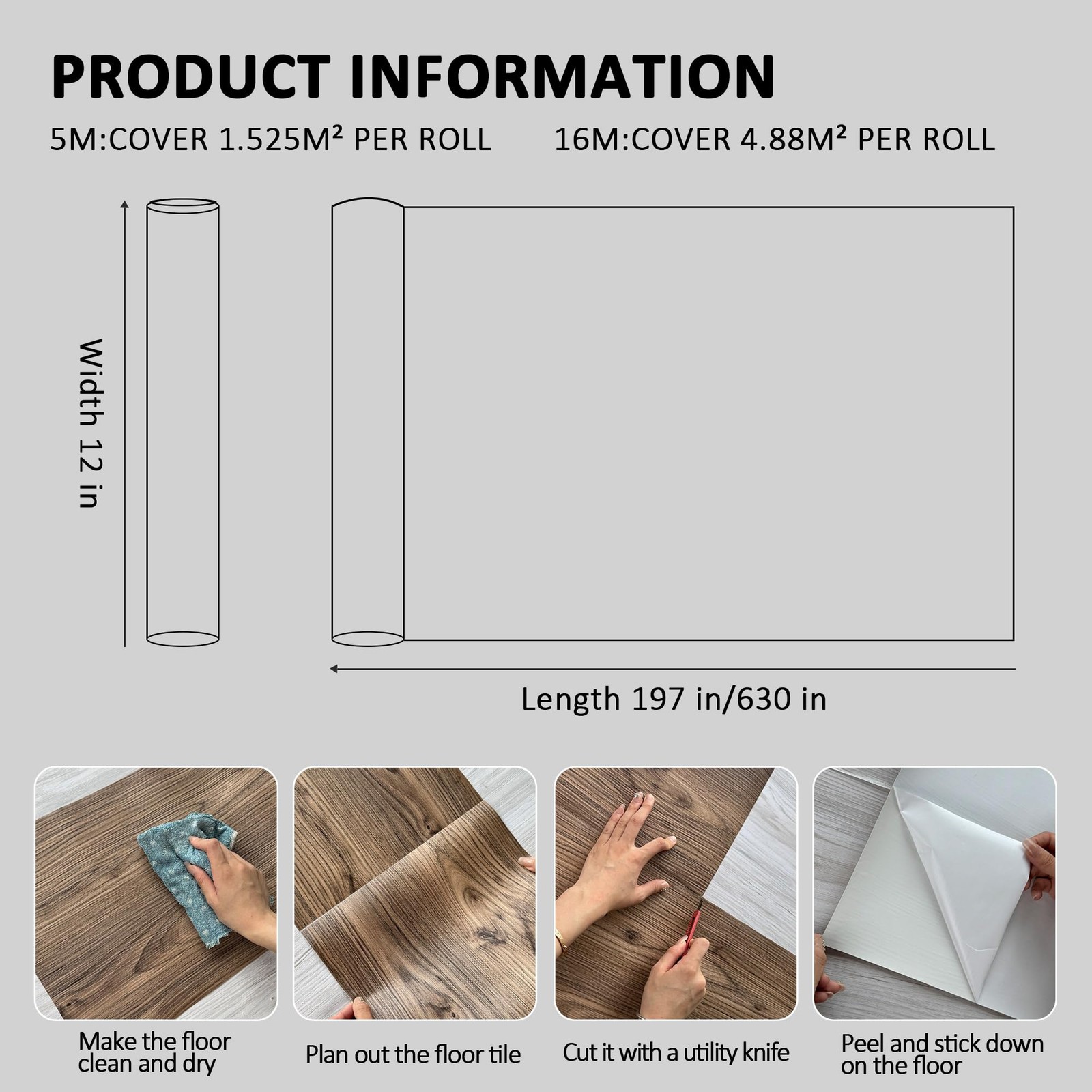 Wood Look Vinyl Flooring Roll,11.8″X197″,Peel & Stick Floor Tile