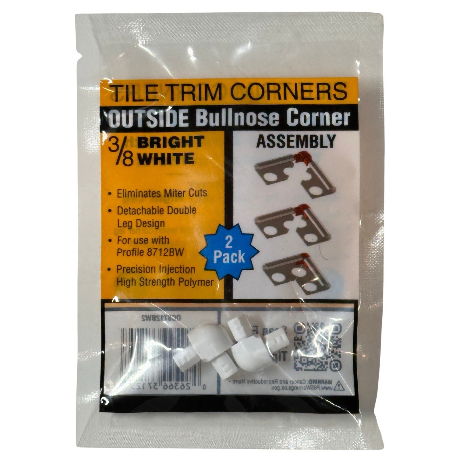 2 Pack TrimMaster Bullnose Outside Corner Tile Edging Trim White 3/8″