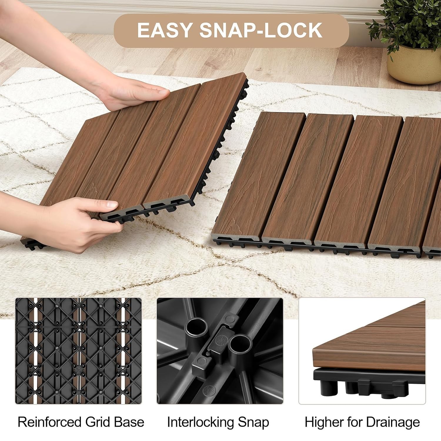Teak Brown Interlocking 12×12 Deck Tiles Waterproof All Weather Patio Flooring