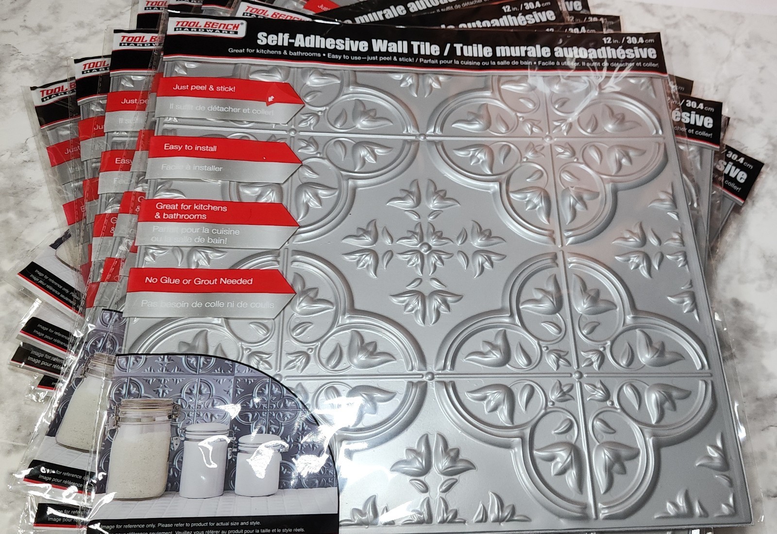 Tool Bench Self-Adhesive Wall Tile 12×12 Peel Stick Backsplash Lot Of 24 Silver