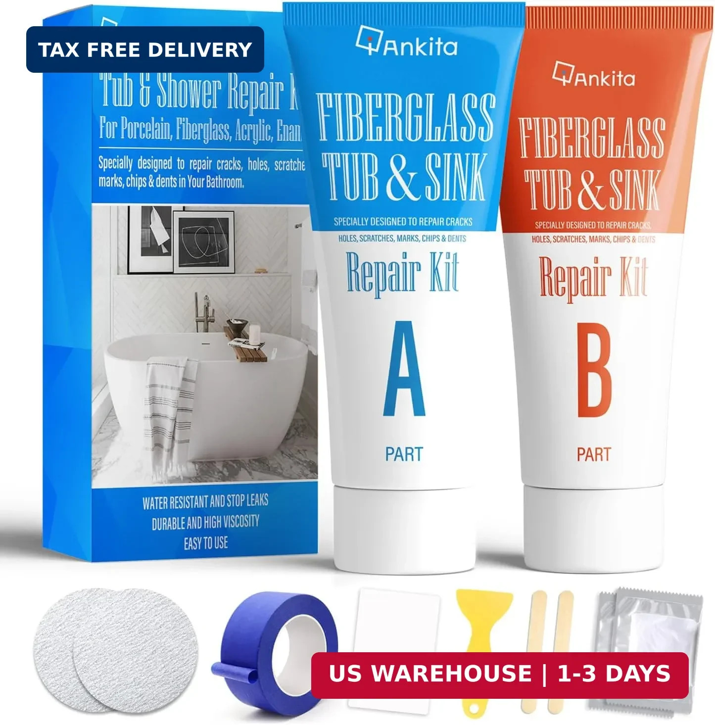 Tub Repair Kit White, Tub Chip and Bathtub Repair Kit for Enamel, Fiberglass, Ac