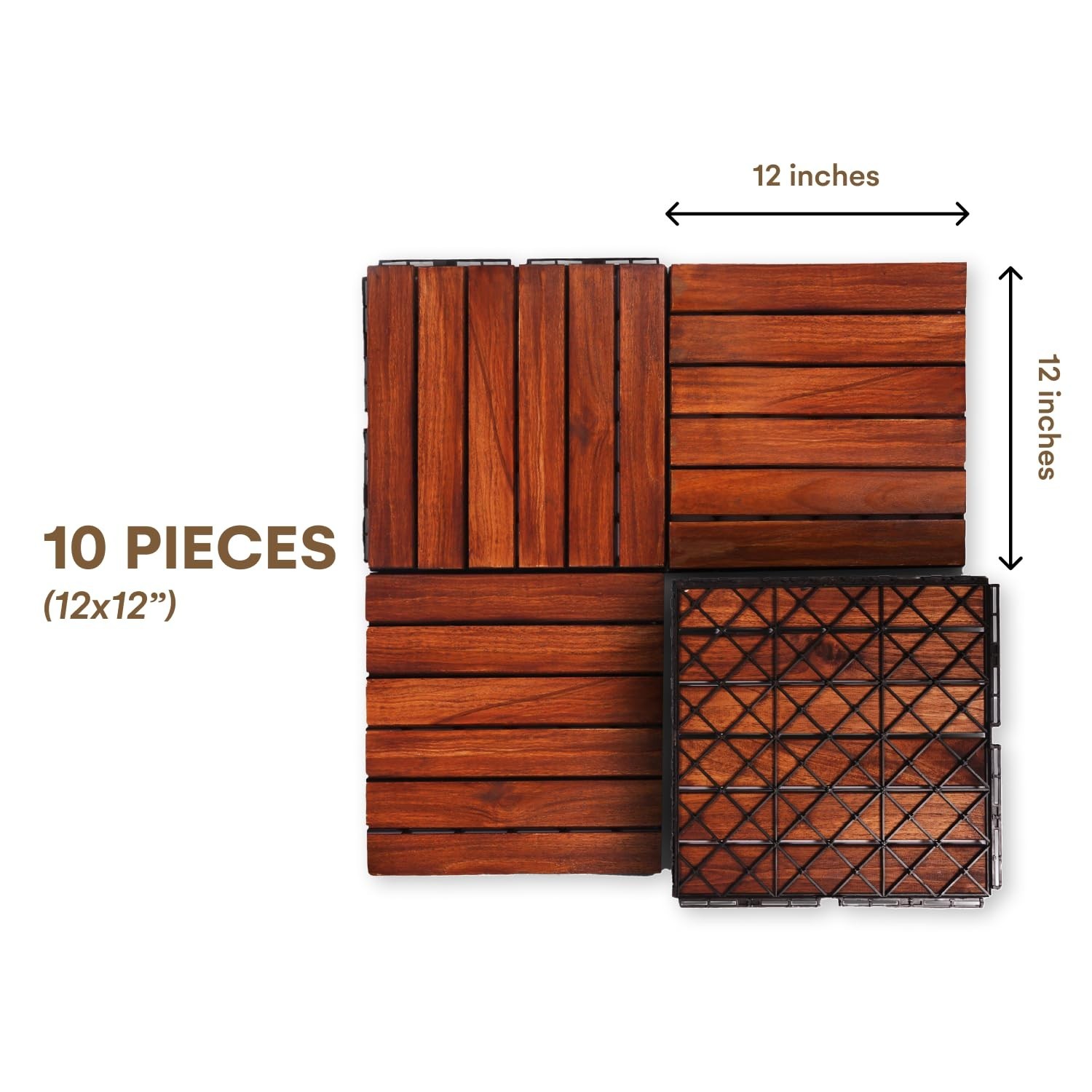 Acacia Wood Patio Flooring Interlocking Tiles Pack of 10, 12″ x 12″, All Weather