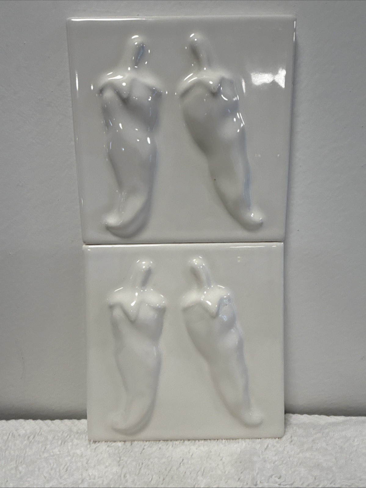 NEW – Pair of 2 Jeffrey Court 4″ 4.25″ Embossed Chili Pepper Tiles White Ceramic