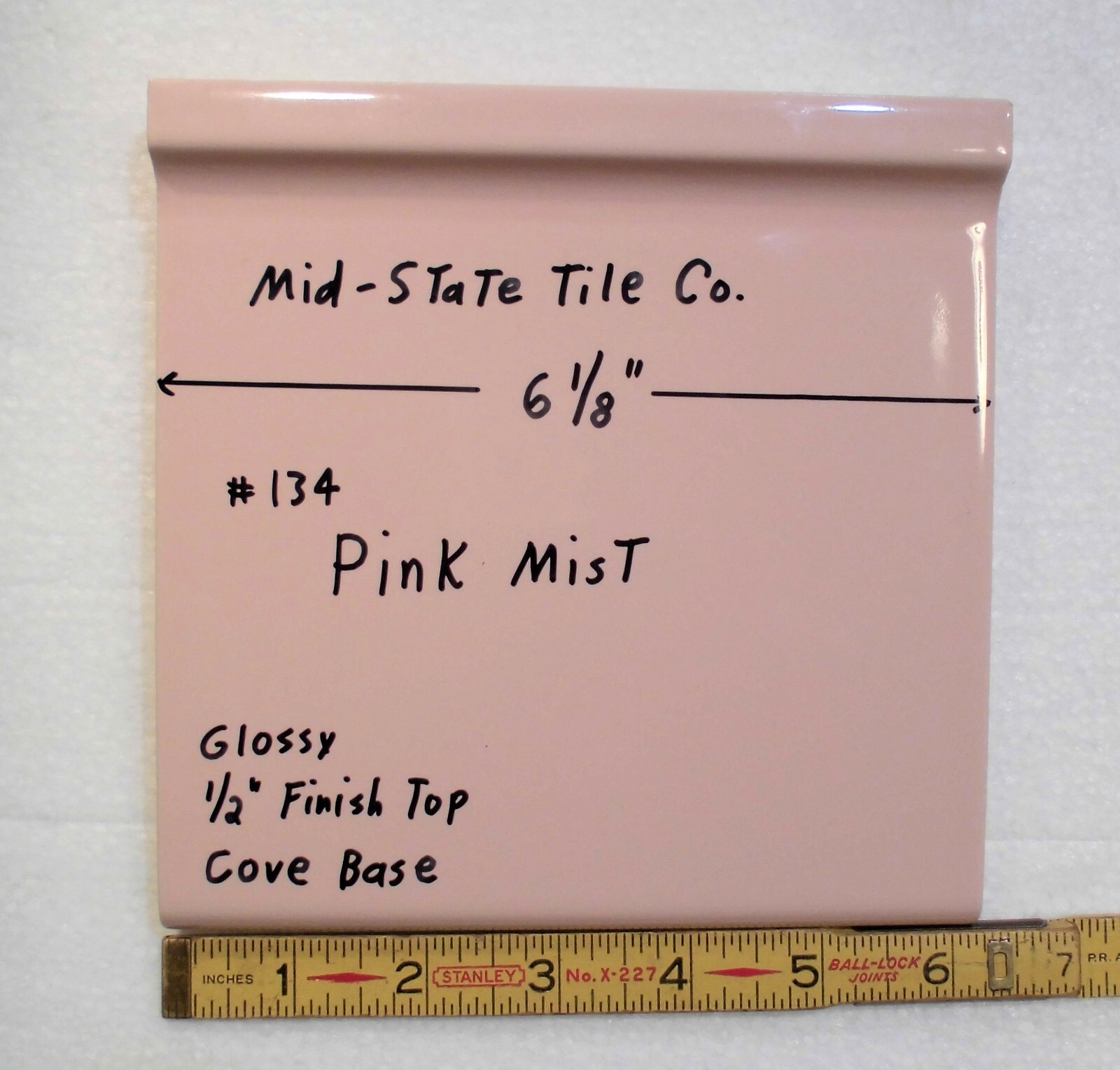 1 pc. Vintage Glossy *Pink Mist* 6” X 6” Ceramic Cove Base Tile by MID-STATE