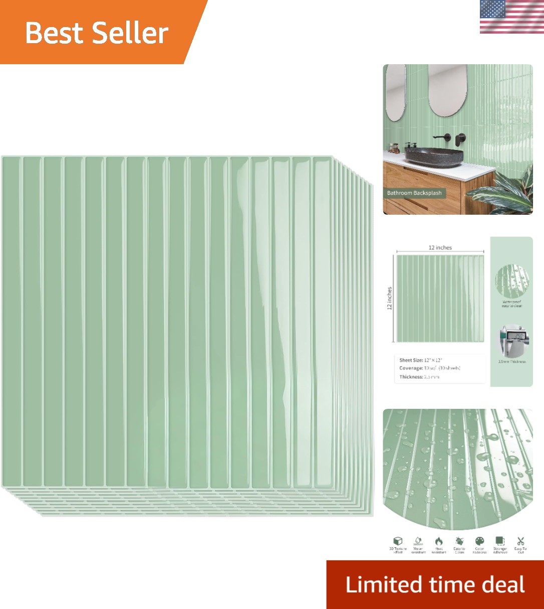 Upgraded 10-Pack 12″x12″ Sage Green Peel & Stick Wall Tiles for Modern Spaces