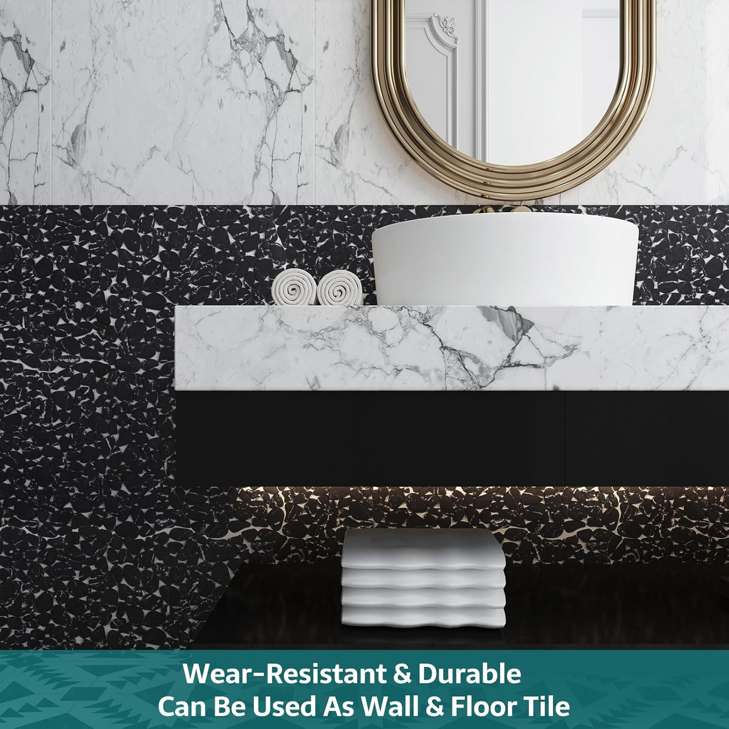 Pebble Tile for Shower Floor, Black Marble Veins Oval, 10 Sheets Pebble Mosaic B