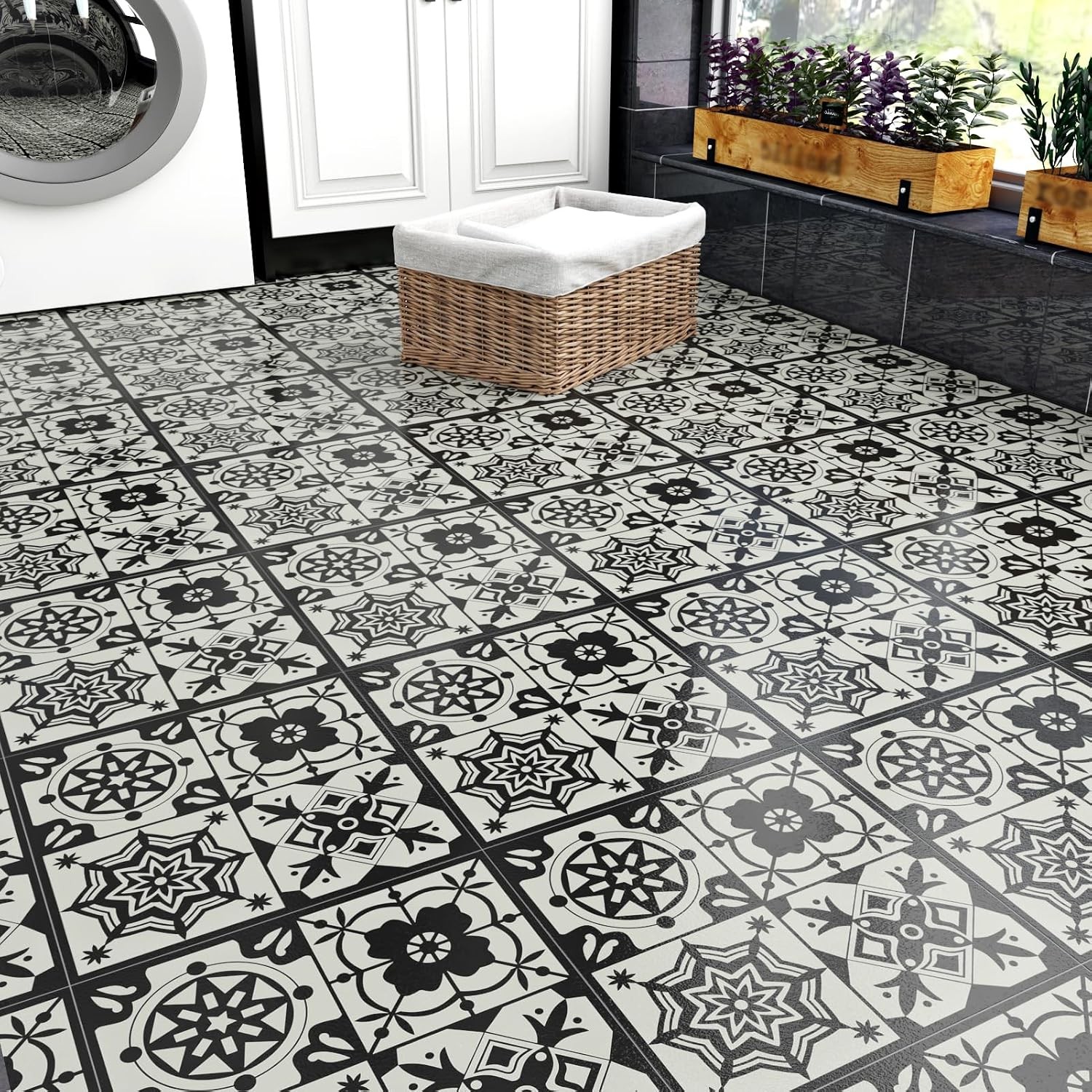 12″x12″ Black Boho Peel and Stick Floor Tile Waterproof Vintage Gothic Vinyl