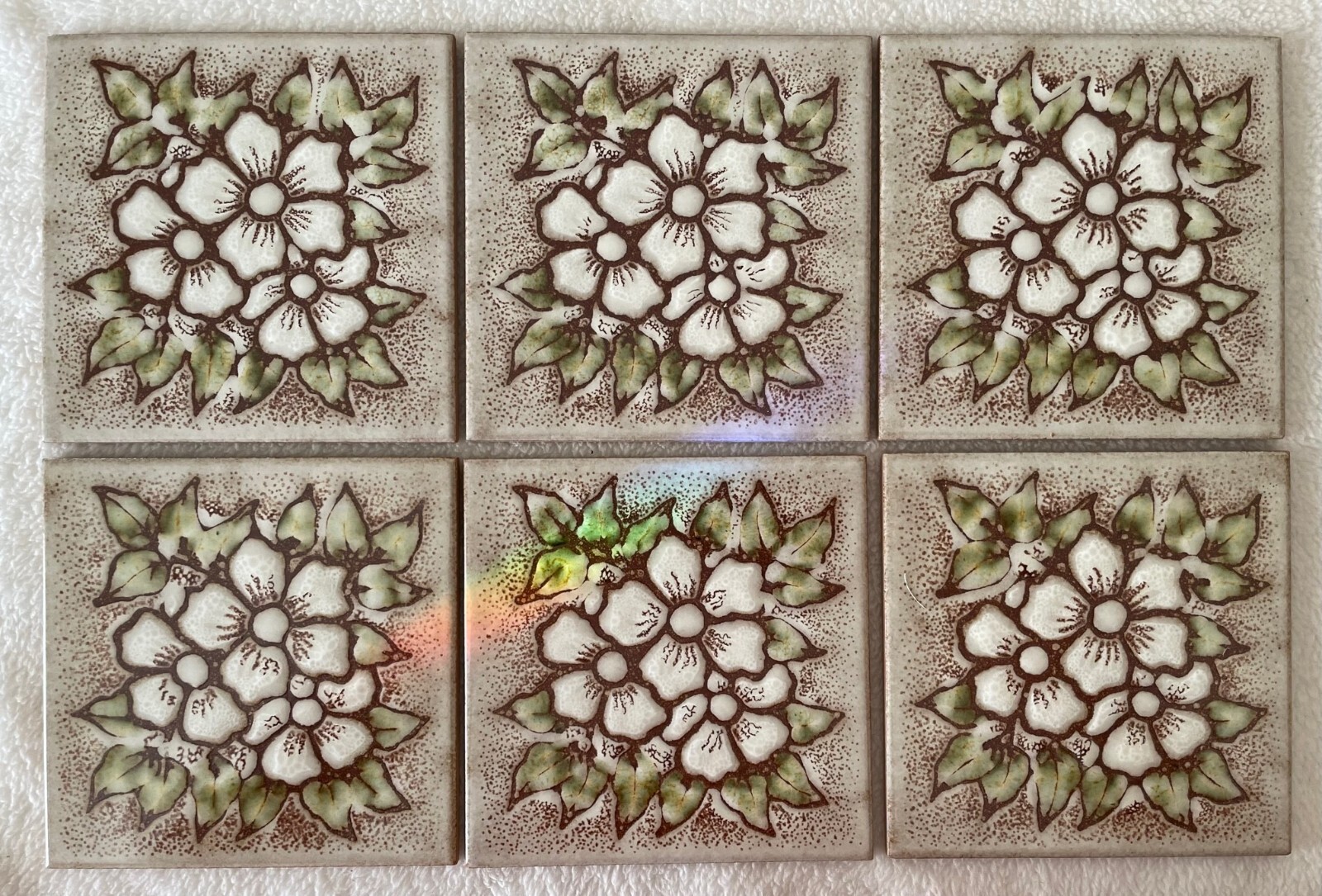 Six Vintage S. Marco Terra Cota or ceramic Decorative Wall Tiles, White Flowers