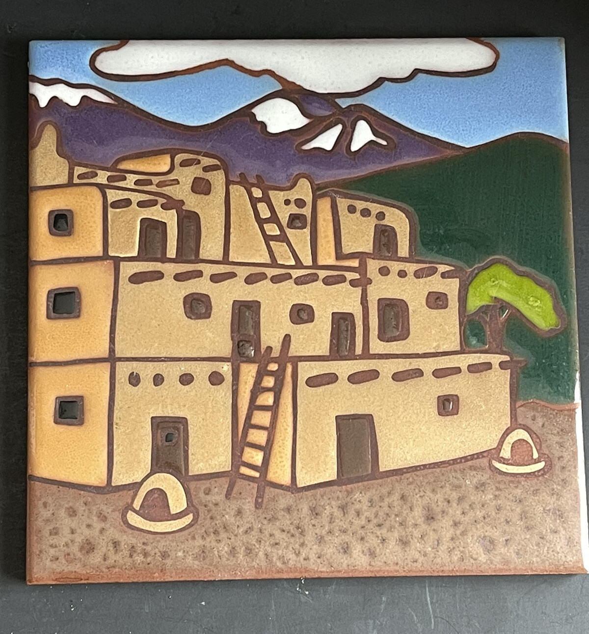 Vtg Ceramic Tile Sima Ceramiche Italy House Set Of 2 Hand painted 6” Terracotta