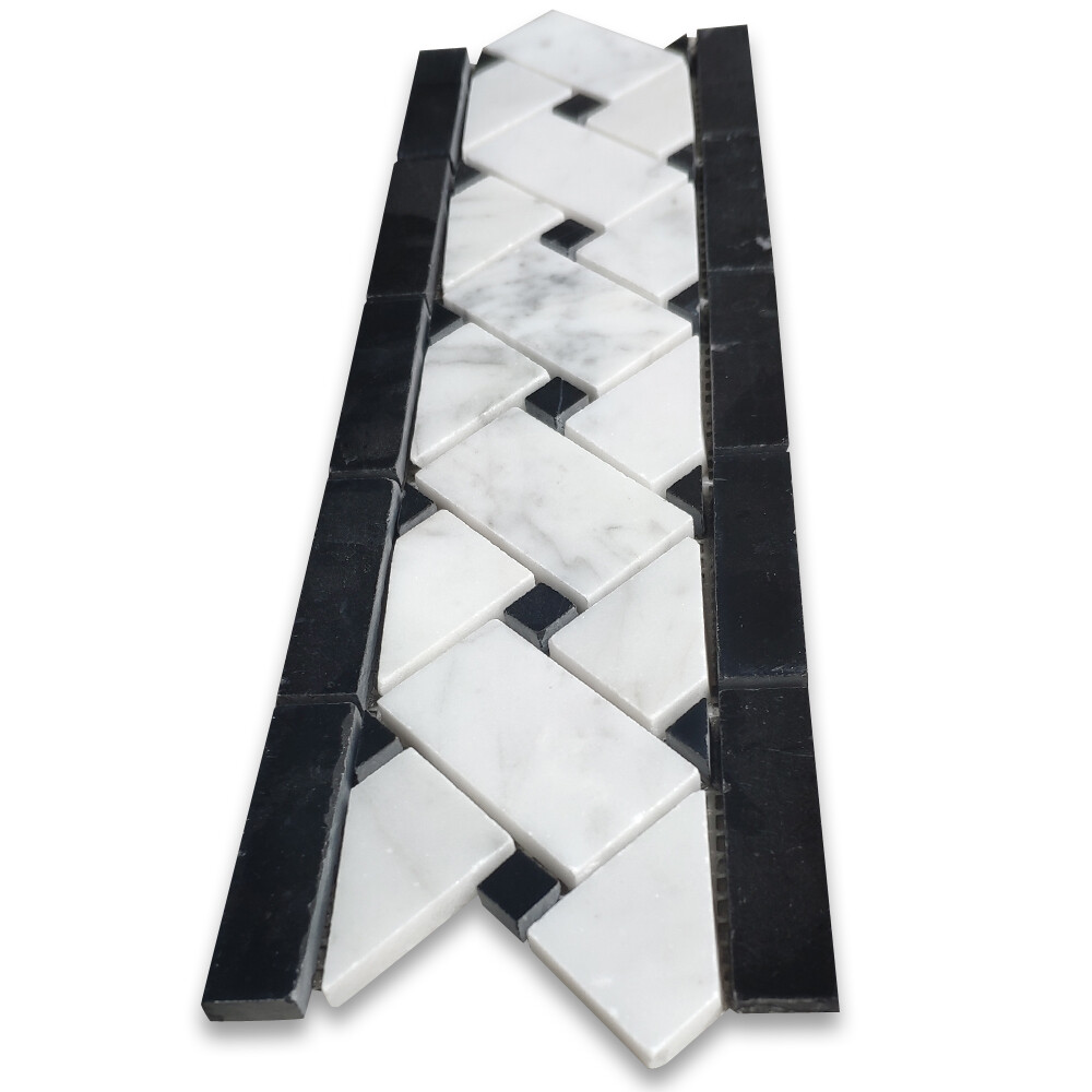 C651BXH Carrara Venato Marble Basketweave Mosaic Border 4×12 Black Dots Honed