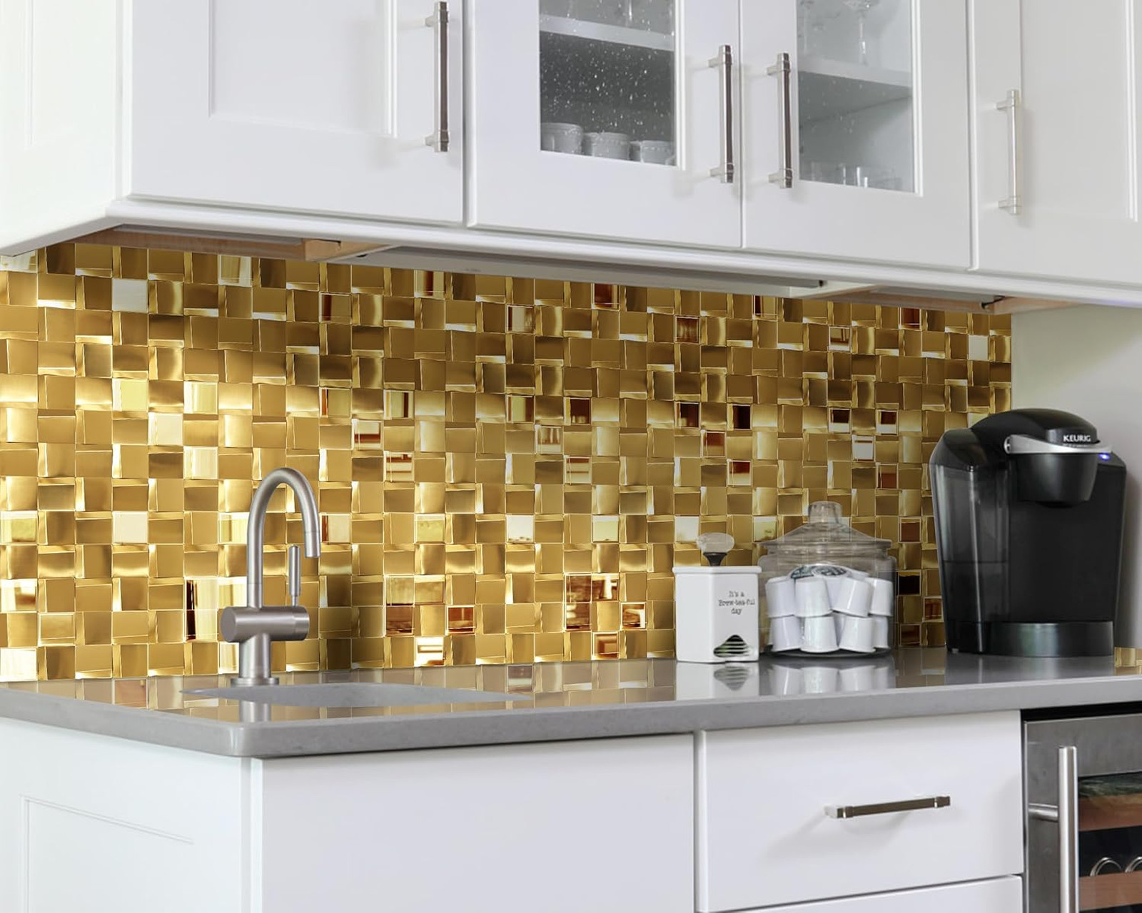 Metal Mosaic Wall Tiles, Gold 3D Backsplash Panels, 12×12 Inches, 5 Sheets