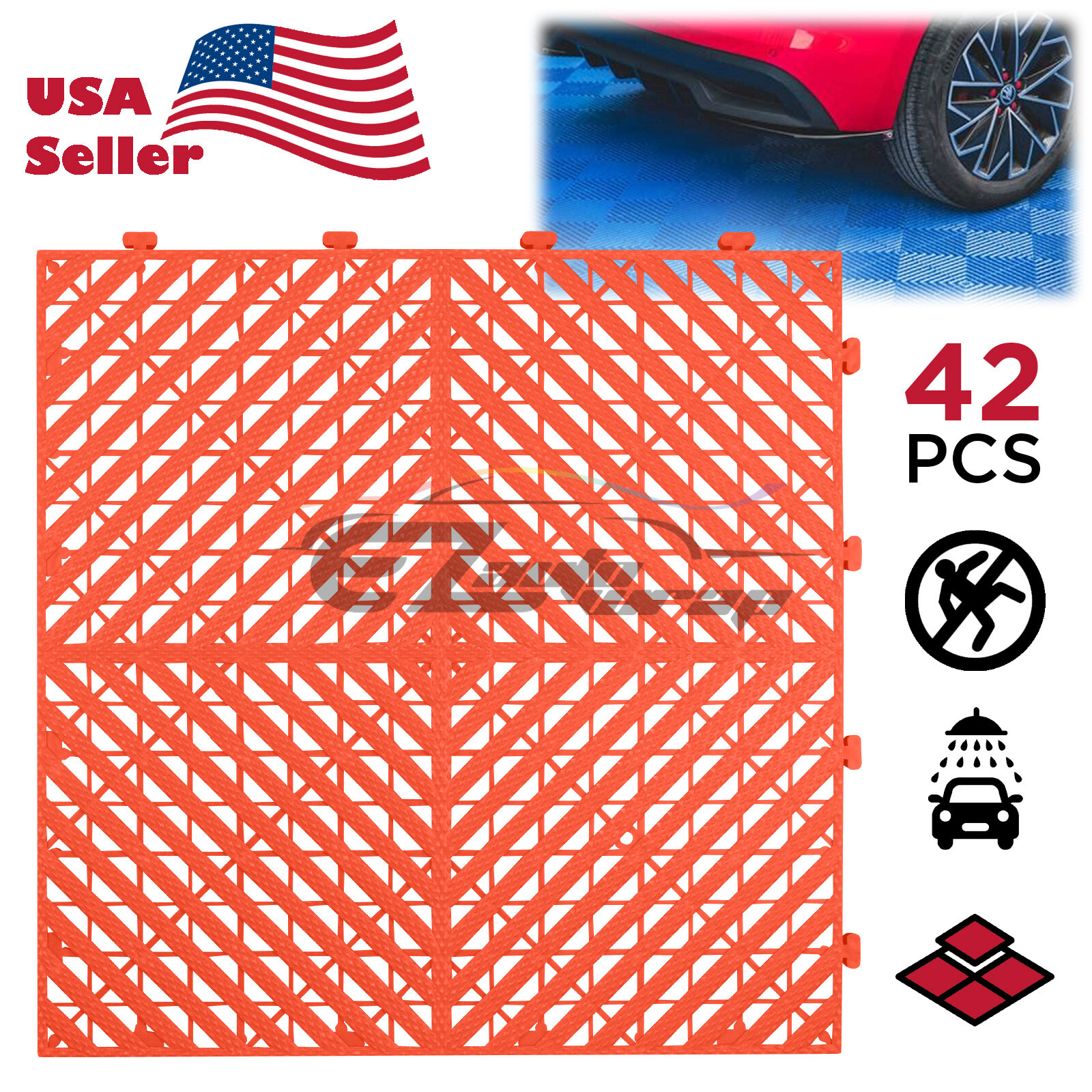 42pcs 16″x16″ Red Garage Floor Mat Perforated Flooring Tile Shop Interlocking