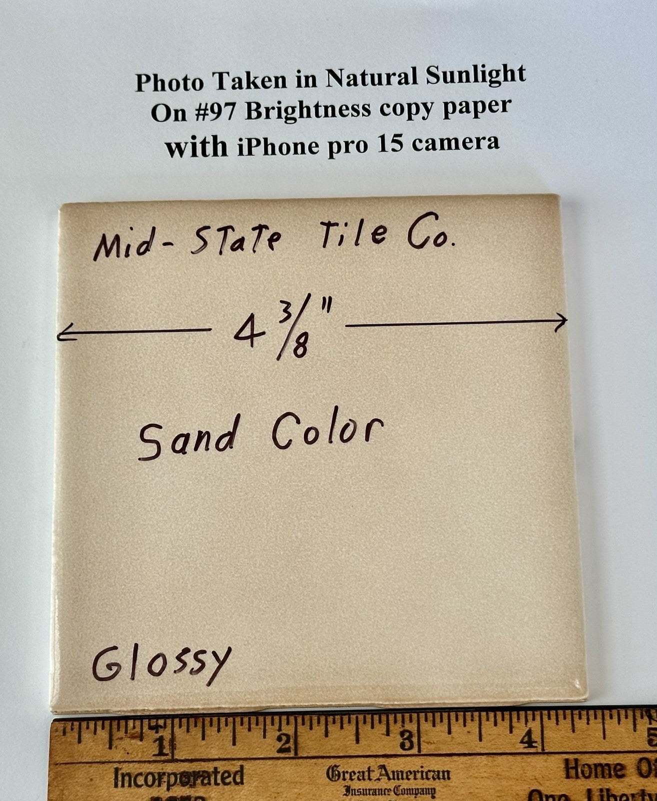 1 pc. Sand Color – Light Brown: Glossy Ceramic Tile 4-3/8″ by Mid-State: Smooth