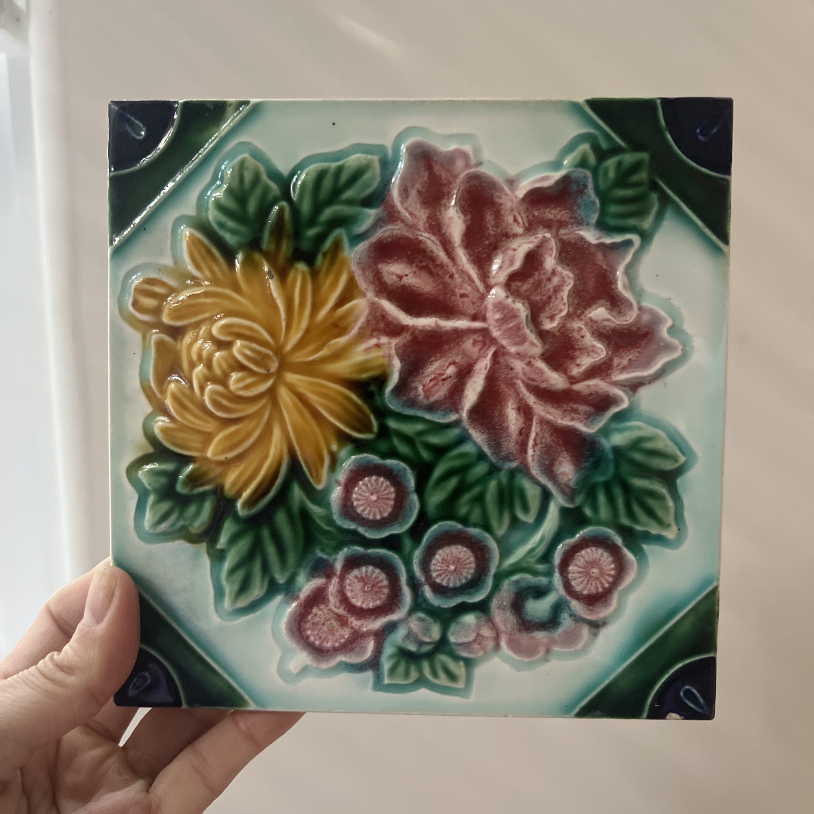 Set of 2 Antique Japanese Majolica Tiles Danto Kaisha DK Peony Chrysanthemum 6×6