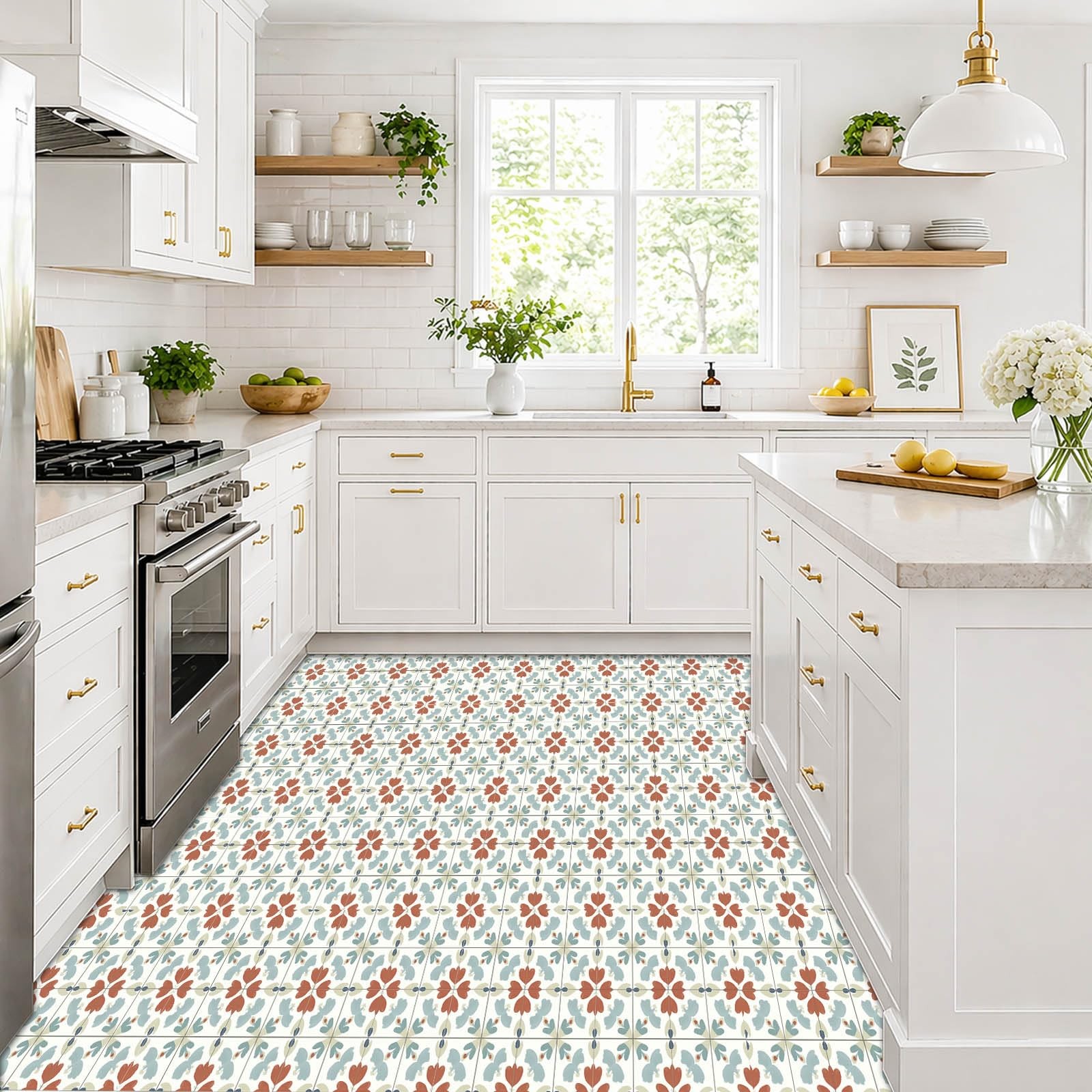 10PCS 12×12 Inch Floral Pattern Floor Tiles Peel and Stick Removable Self Adh…