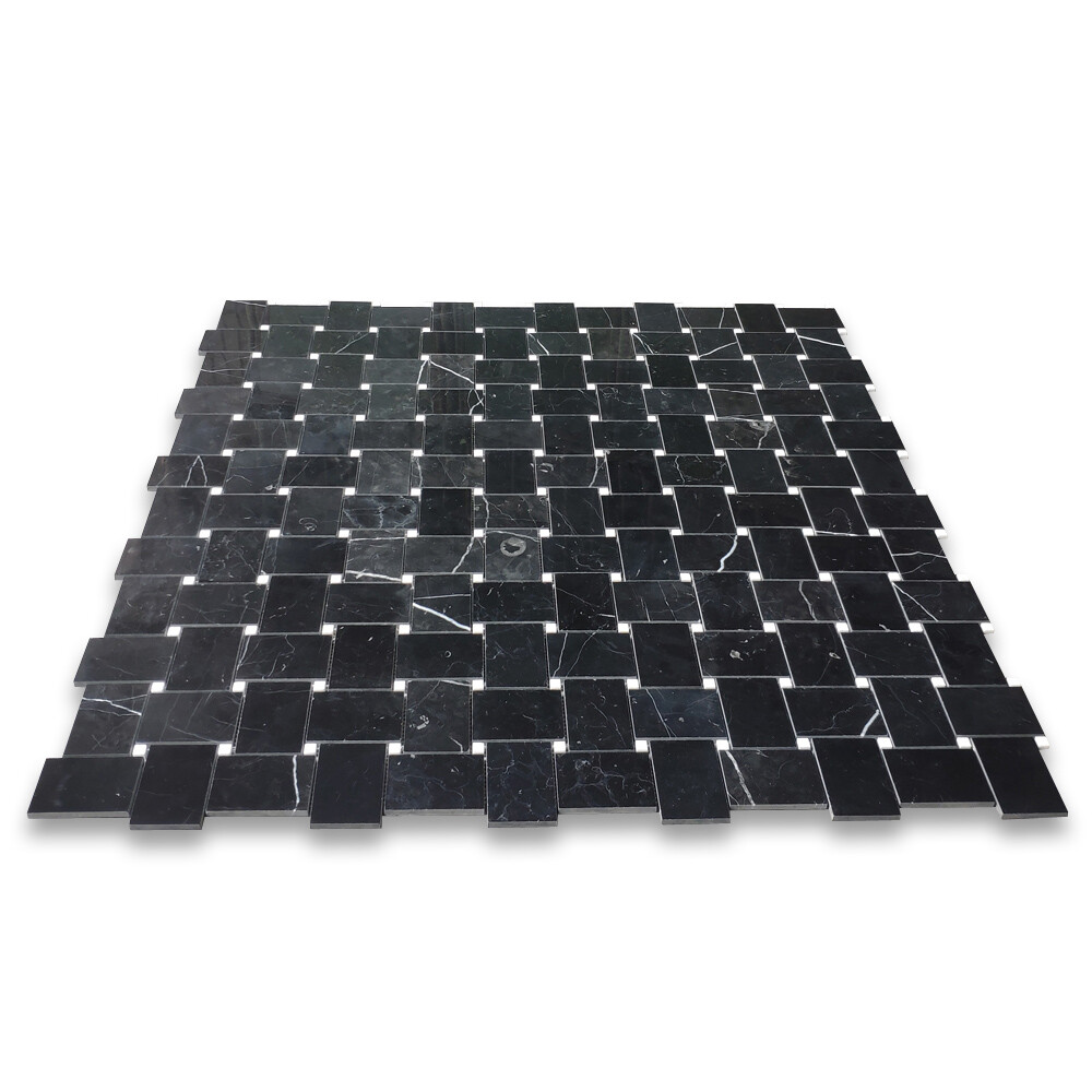 N665XP Nero Marquina Black Marble Basketweave Mosaic Tile White Dots Polished