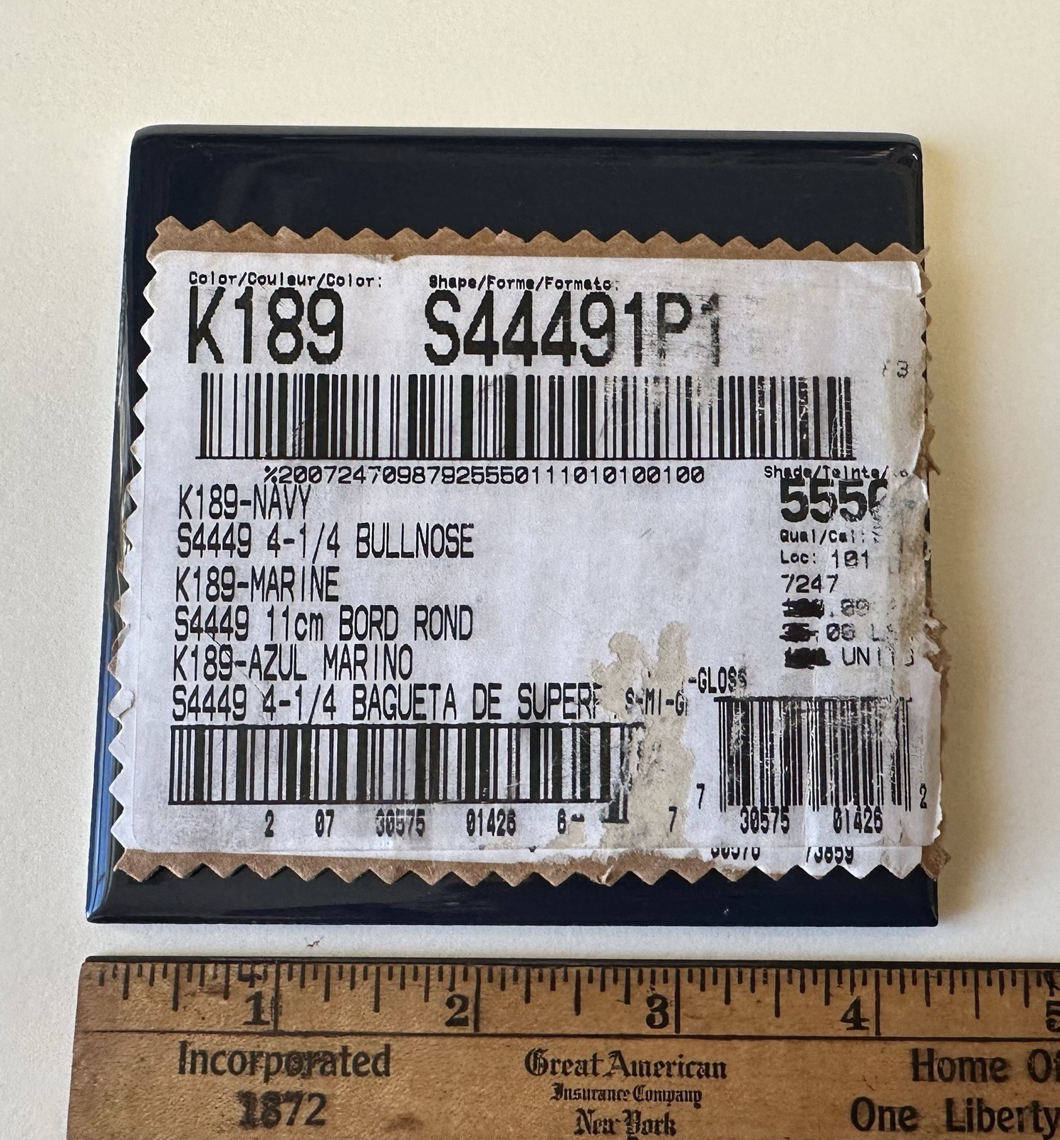 1 pc. Kohler Navy Blue: 4-1/4″ Glossy Ceramic Cove-Base Tile, Flat-Top, NEW