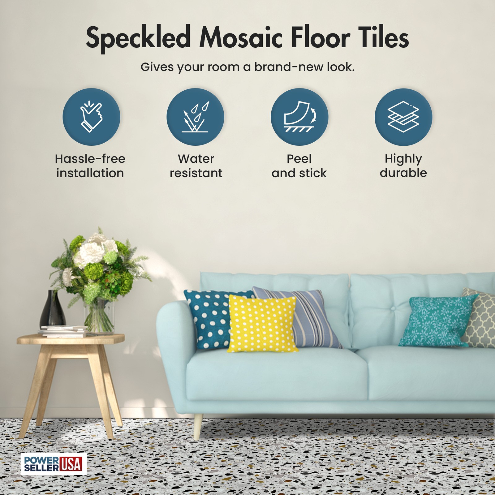 PowerSellerUSA Vinyl Self Adhesive Floor Tiles 20 PCS 12″ x 12″, Mosaic Pattern