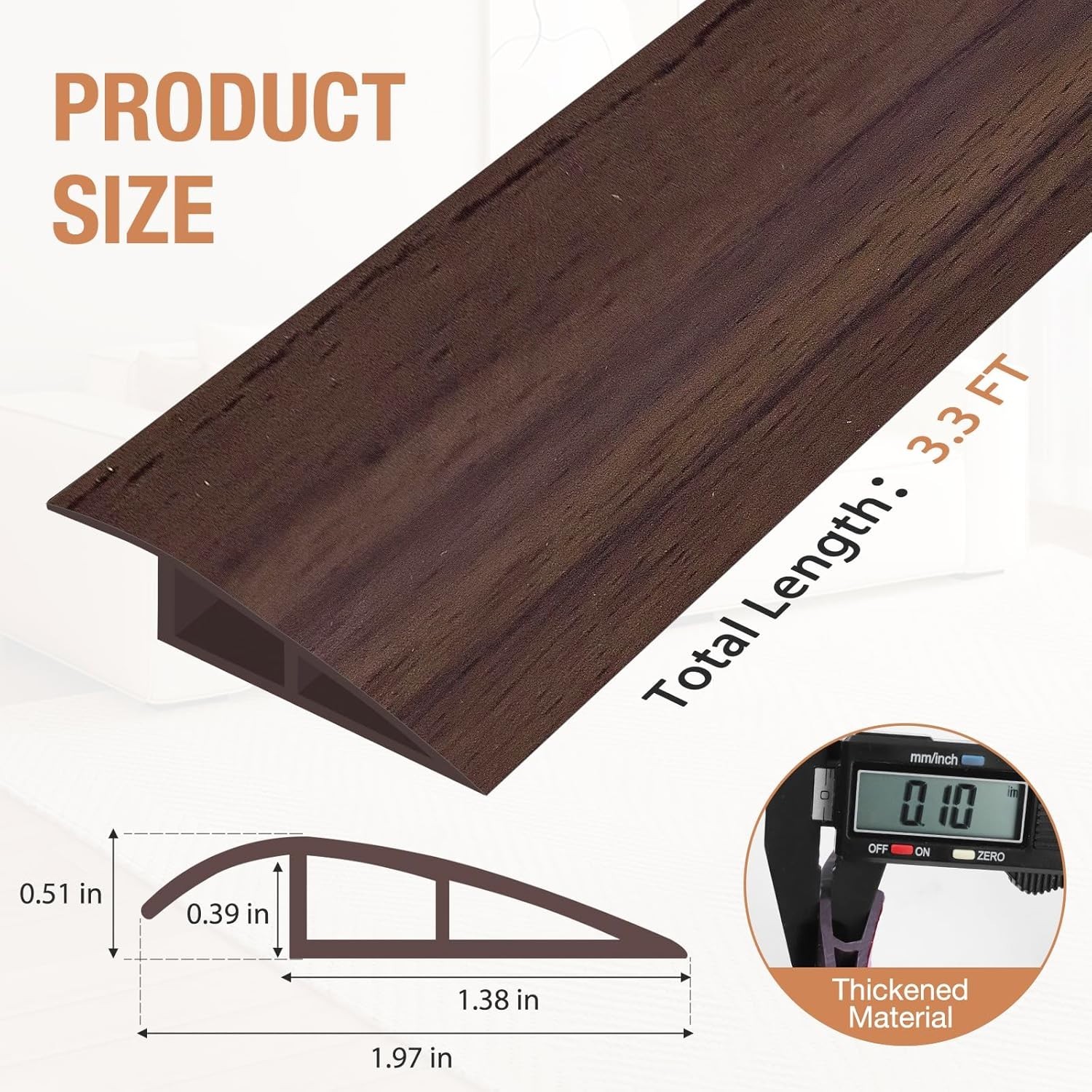 Easy Install Deep Brown Floor Transition Strip – 1/5″ to 2/5″, 3.3ft PVC Design