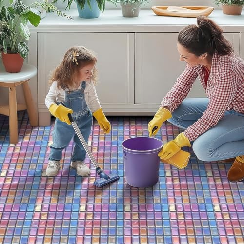 10PCS 12×12 Inch Iridescent Pink Blue Gem Look Floor Tiles Peel and Stick