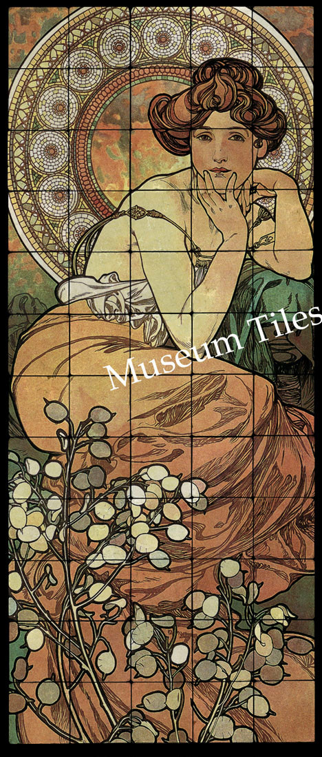Art Nouveau Tumbled Marble Tiles Wall 20×48 Alphonse Mucha Topaz