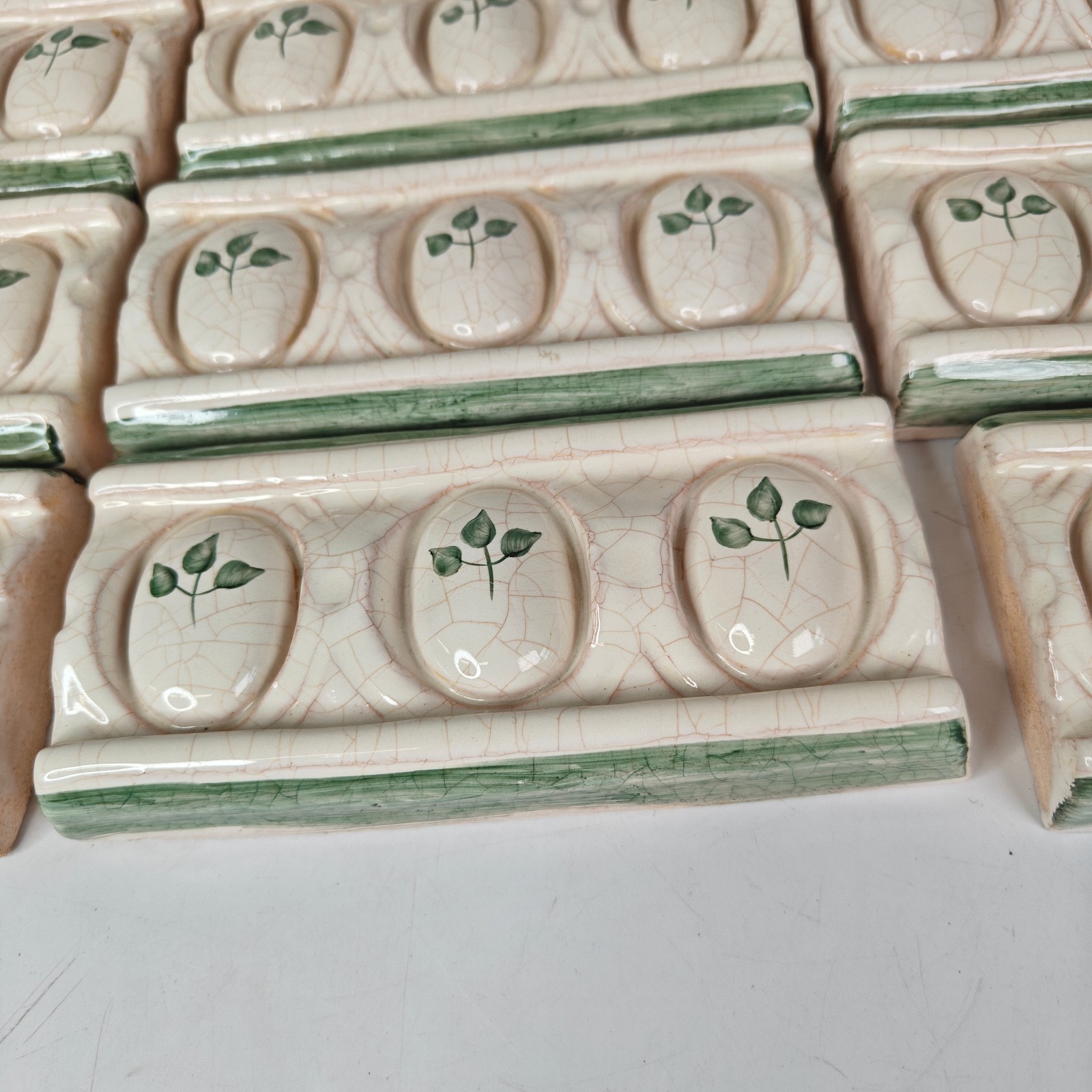 Lot 12 Vintage Embossed Border Terracotta Tile Cream Crackle Green Leaf 6×2.75″