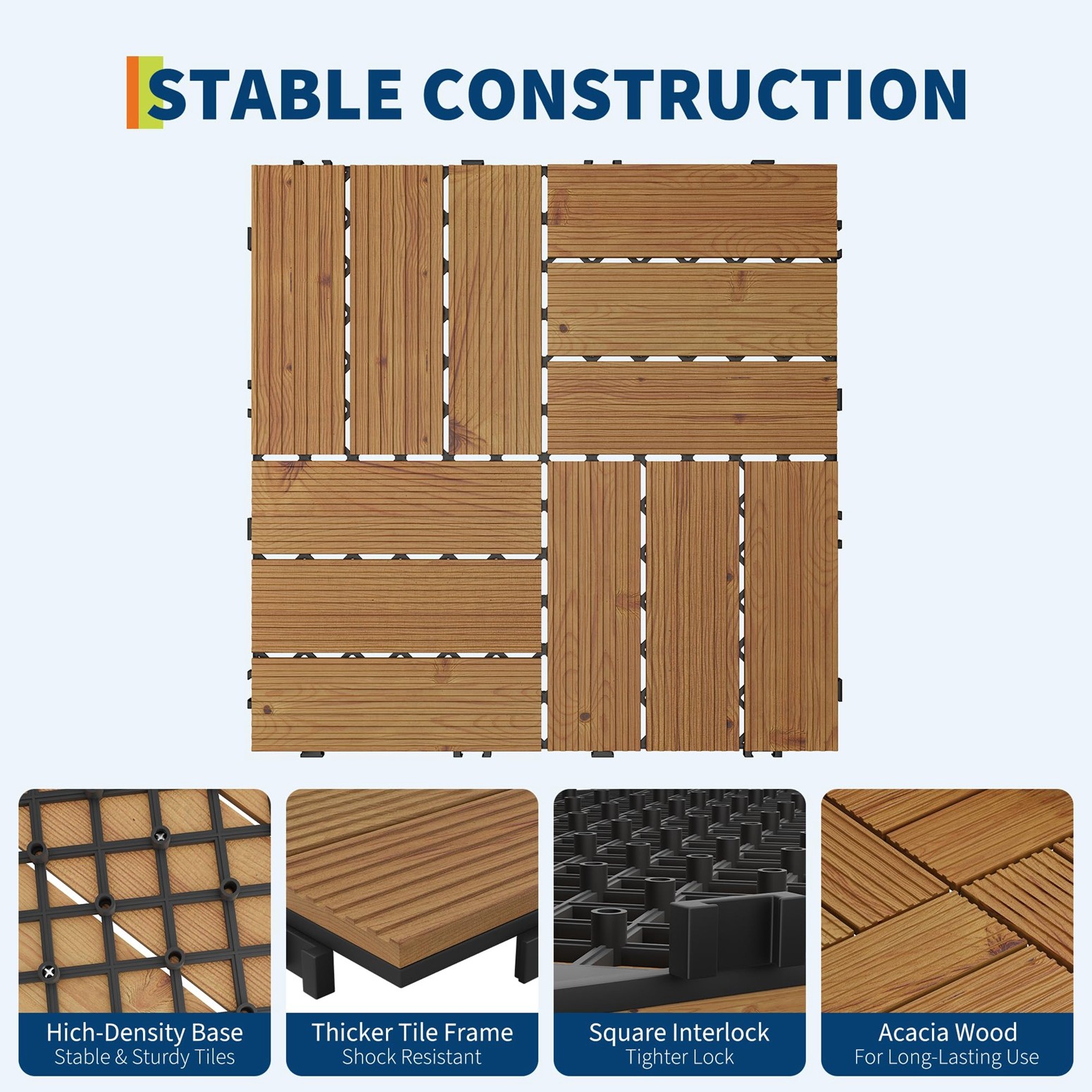 GRAVEE 22Pcs Acacia Wood Deck Tile 12″x12″ Outdoor Indoor Interlocking Flooring