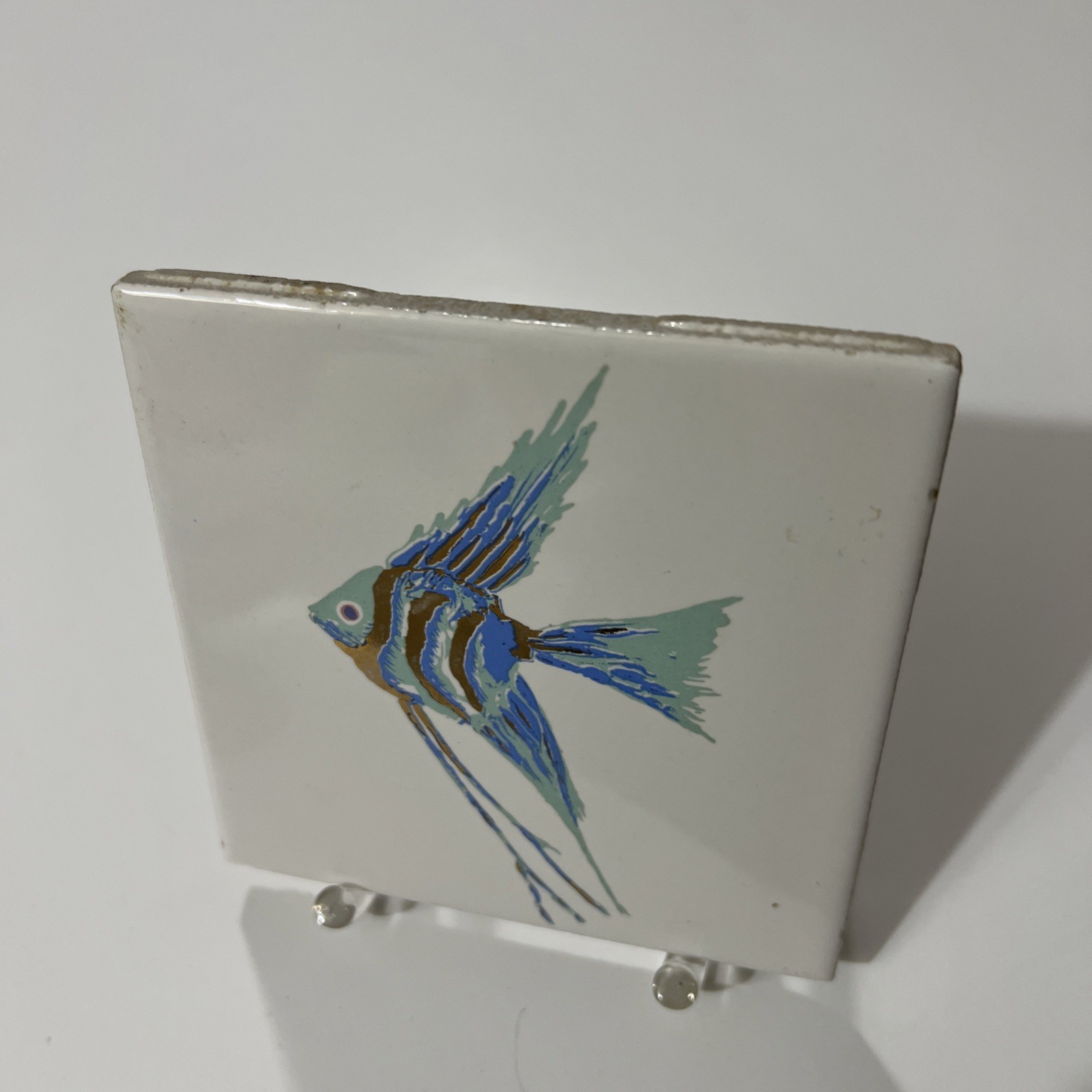 Fish Tile Decorative Angel Fish Blue & Gold With Acrylic Stand 4.25X4.25”