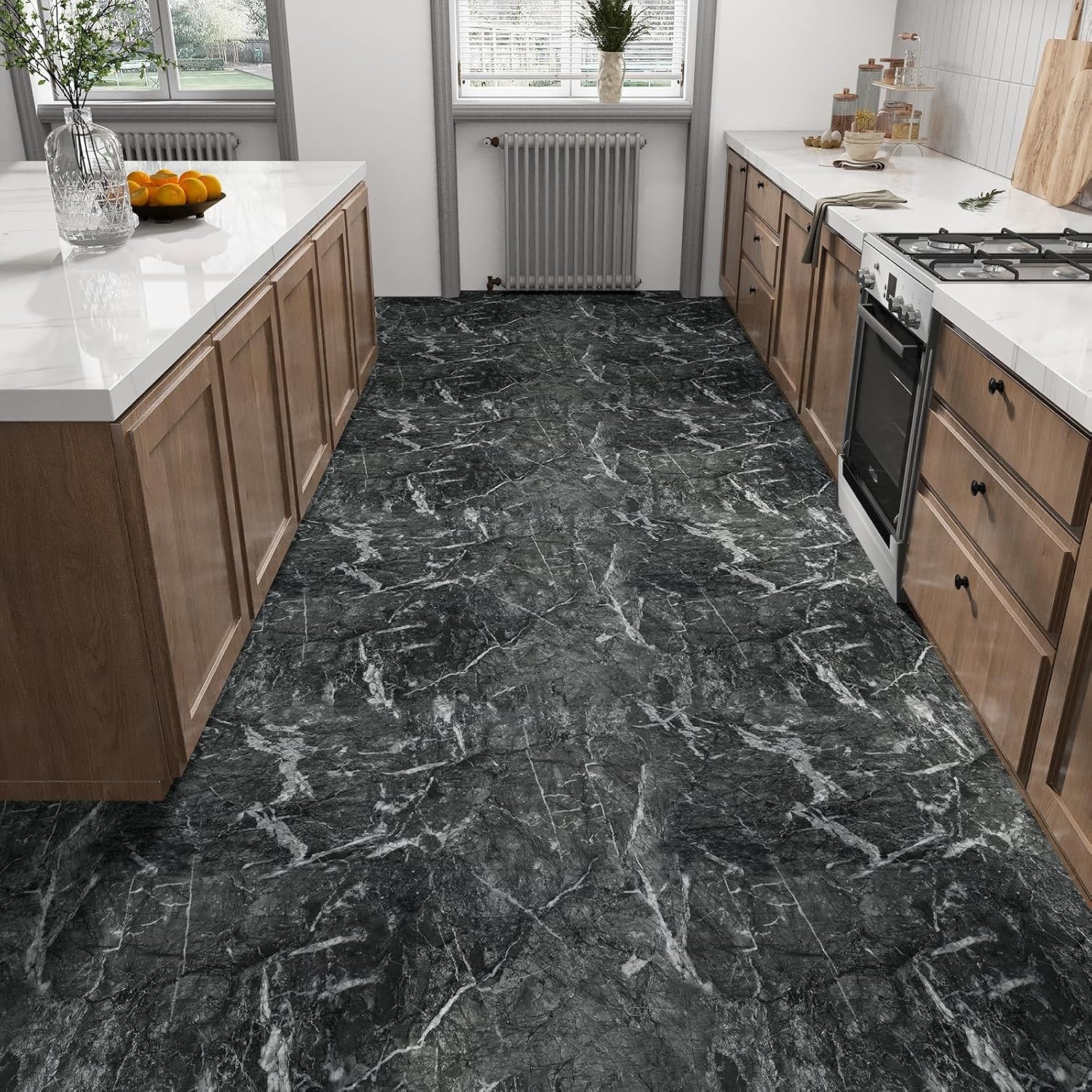 12″x12″ Peel and Stick Floor Tile Waterproof Black Grey Slate Marble Flooring…