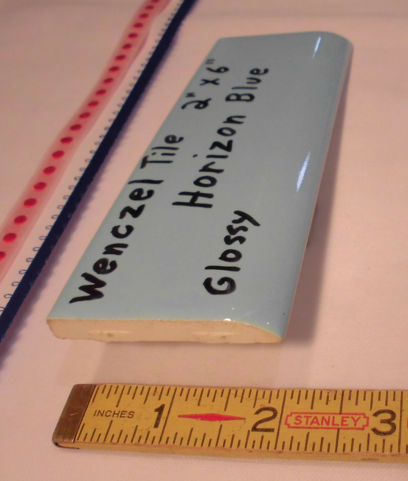 1 pc. Glossy *Horizon Blue* 2” X 6” Bullnose Ceramic Tile by Wenczel Co. NOS