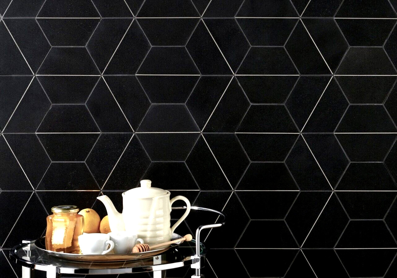 6×7 Black Bazalt Hexagon with Silver Metal Backsplash Tile Kitchen Wall